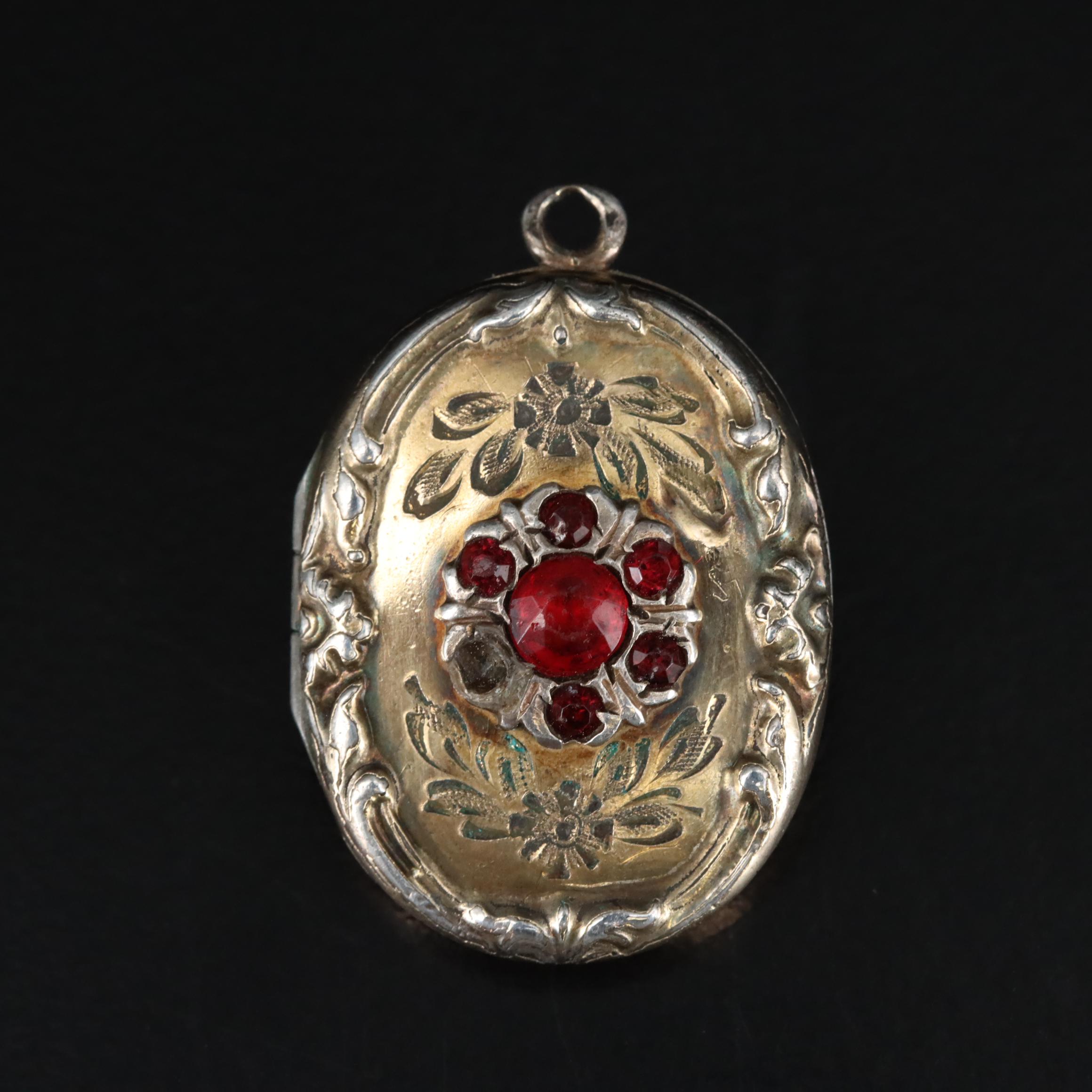 Vintage Garnet Glass Doublet and Glass Floral Locket Pendant