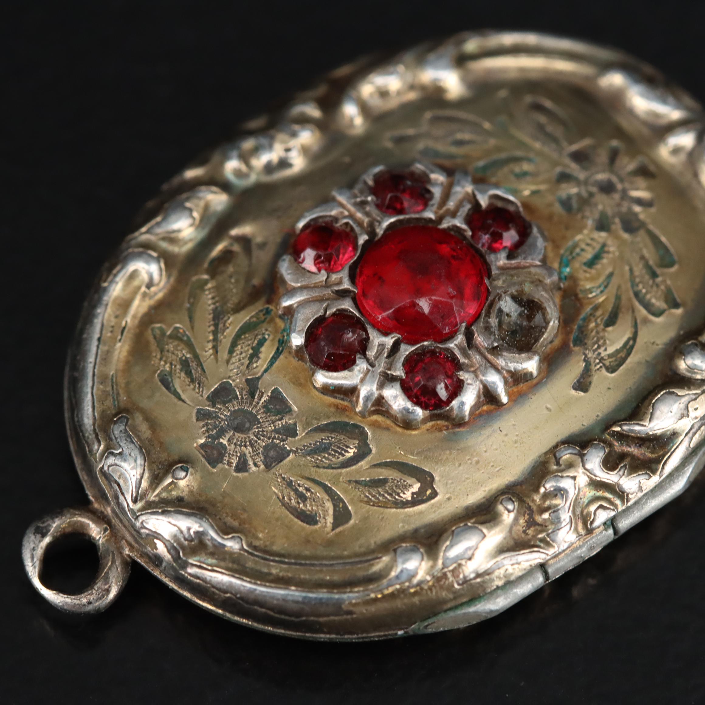 Vintage Garnet Glass Doublet and Glass Floral Locket Pendant