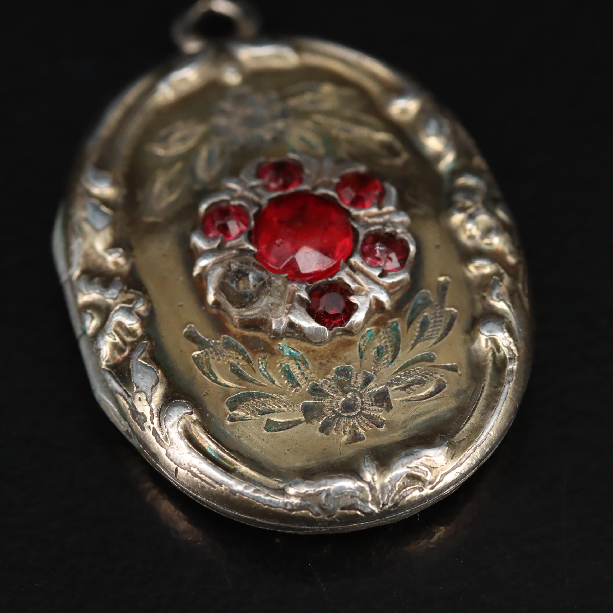 Vintage Garnet Glass Doublet and Glass Floral Locket Pendant