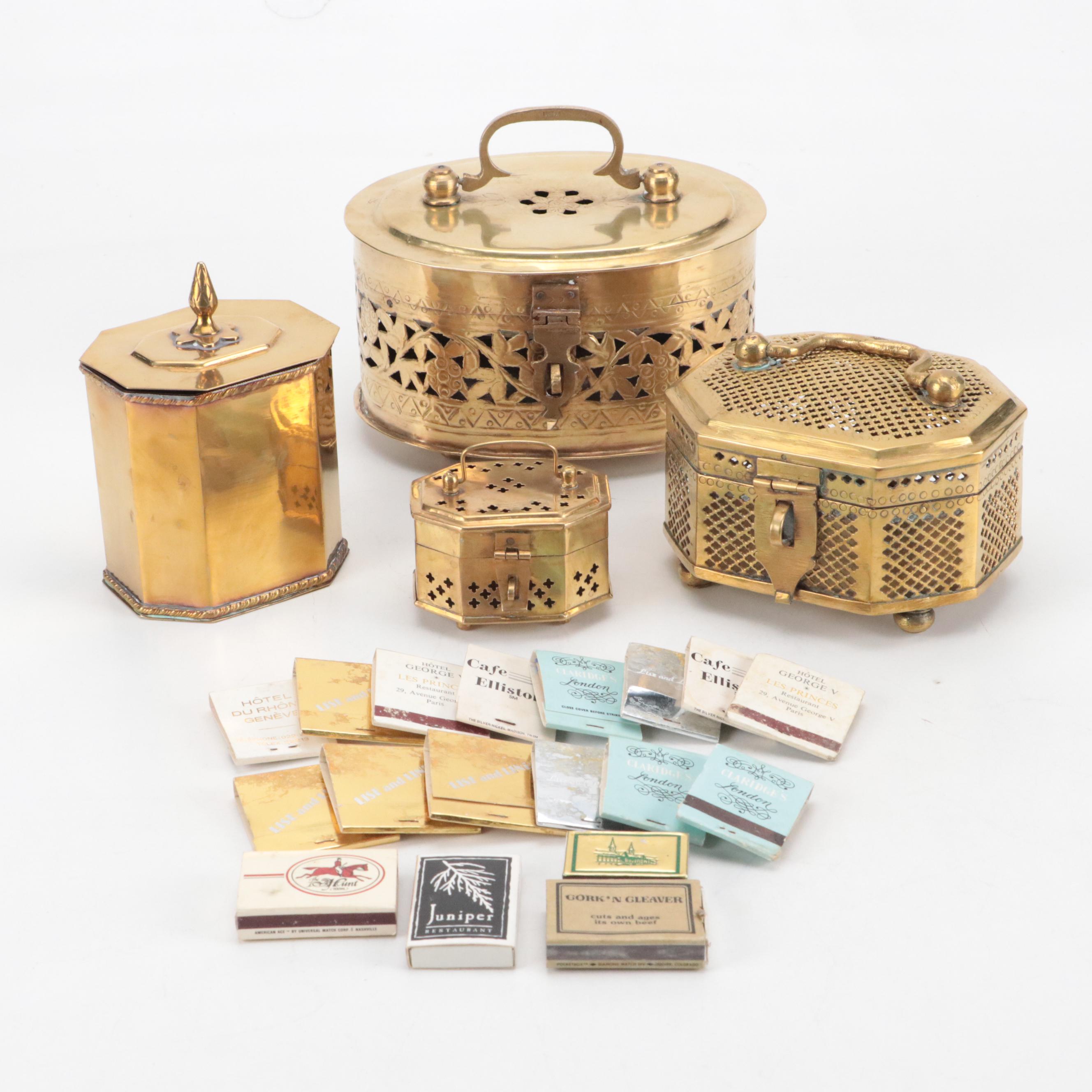 Indian Reticulated Brass Hinged Boxes with Matchbook Collection