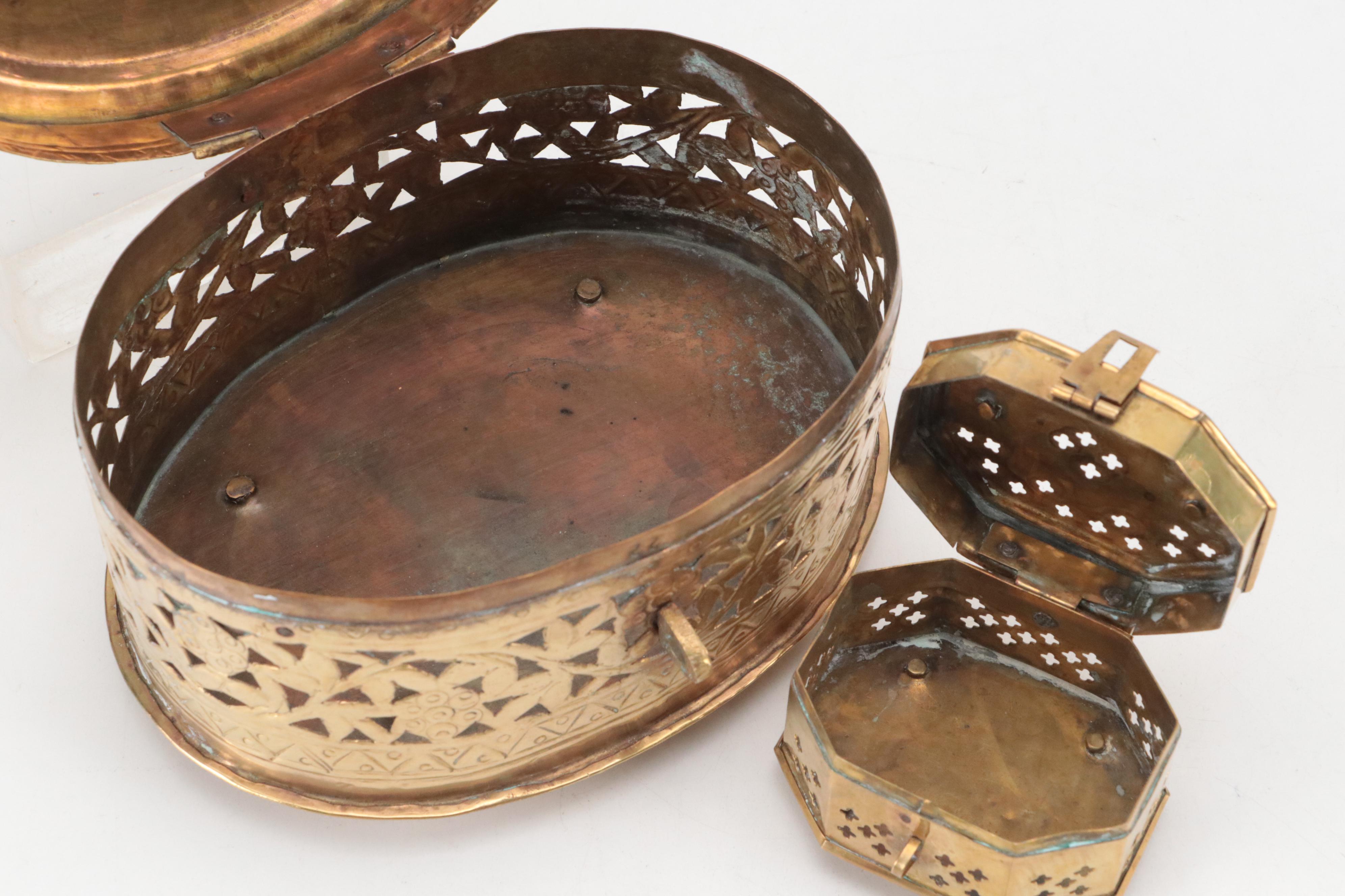 Indian Reticulated Brass Hinged Boxes with Matchbook Collection