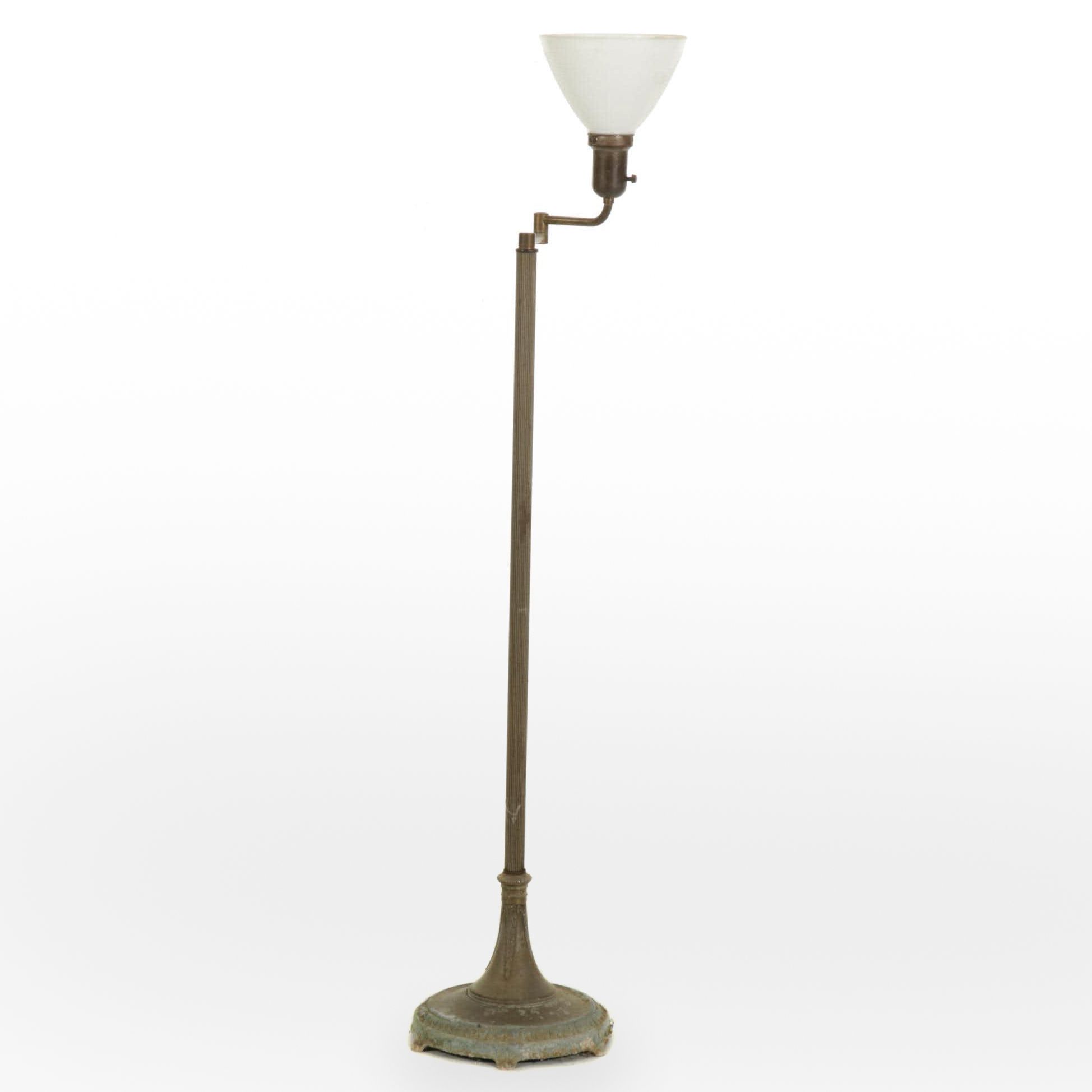 Brass Swing-Arm Torchiere Floor Lamp with Milk Glass Shade
