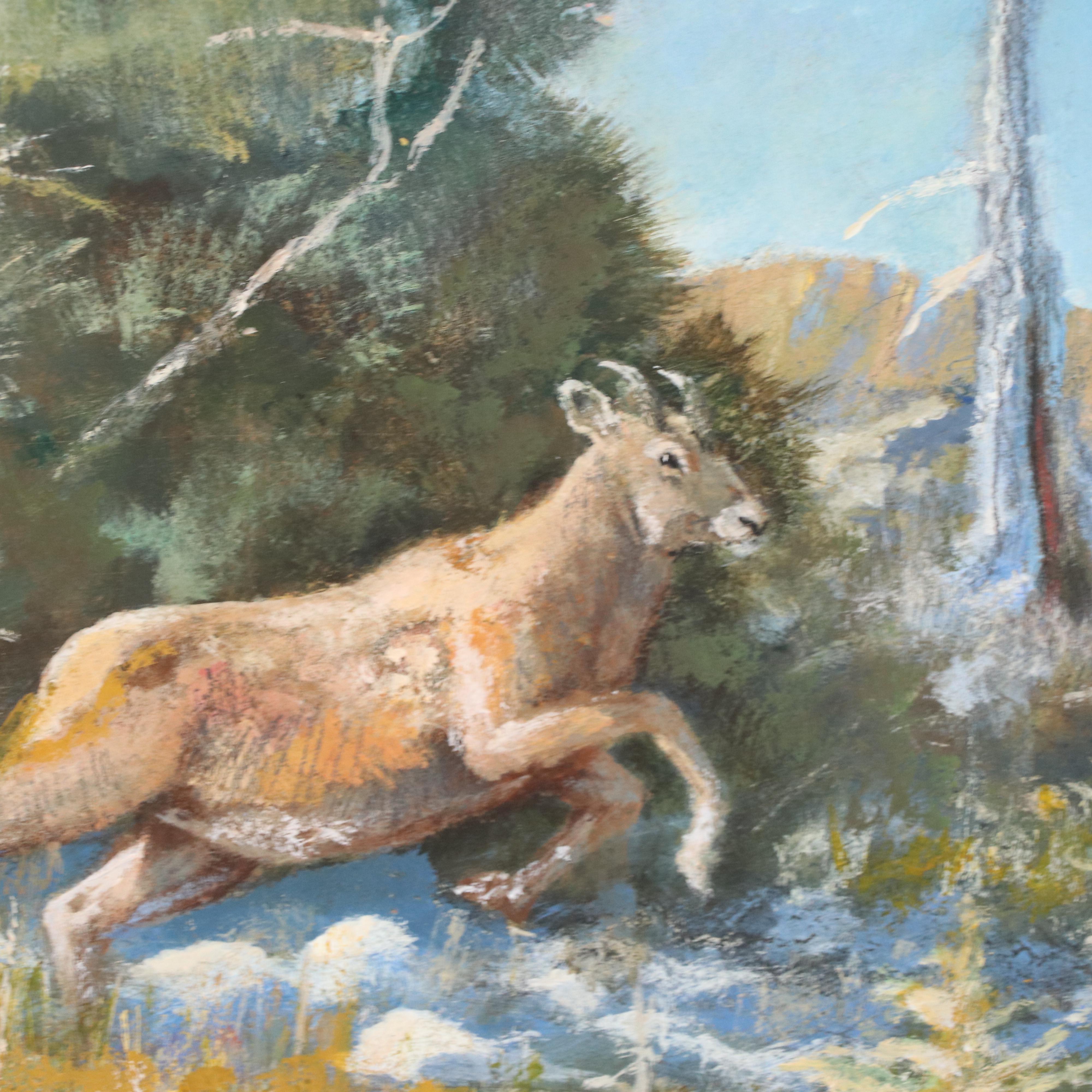 Bob Kuhn Wildlife Oil Painting of Mountain Lion Chasing Sheep, 1979