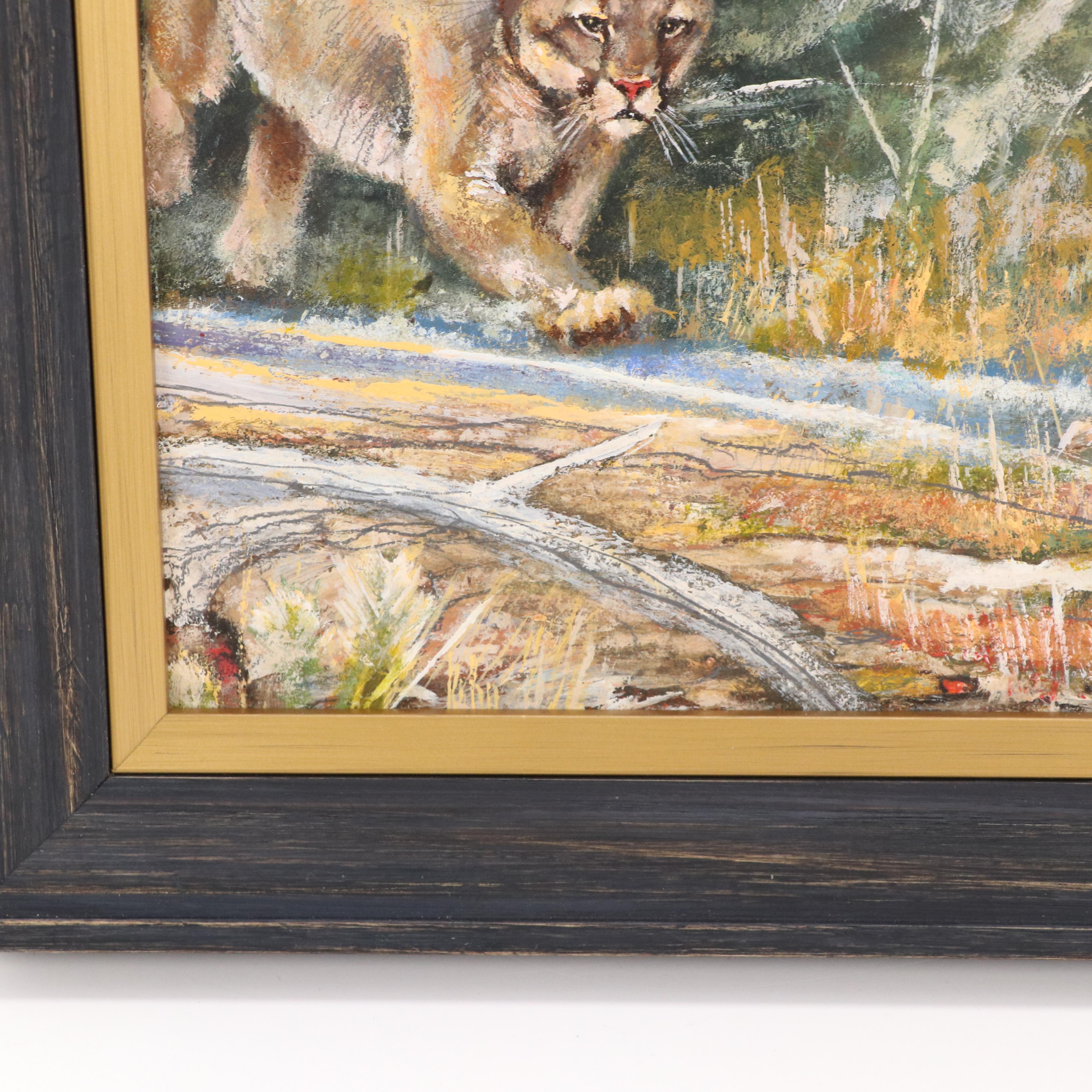 Bob Kuhn Wildlife Oil Painting of Mountain Lion Chasing Sheep, 1979