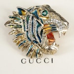 Gucci Rajah Tiger Head Brooch with Glass Crystal and Enamel