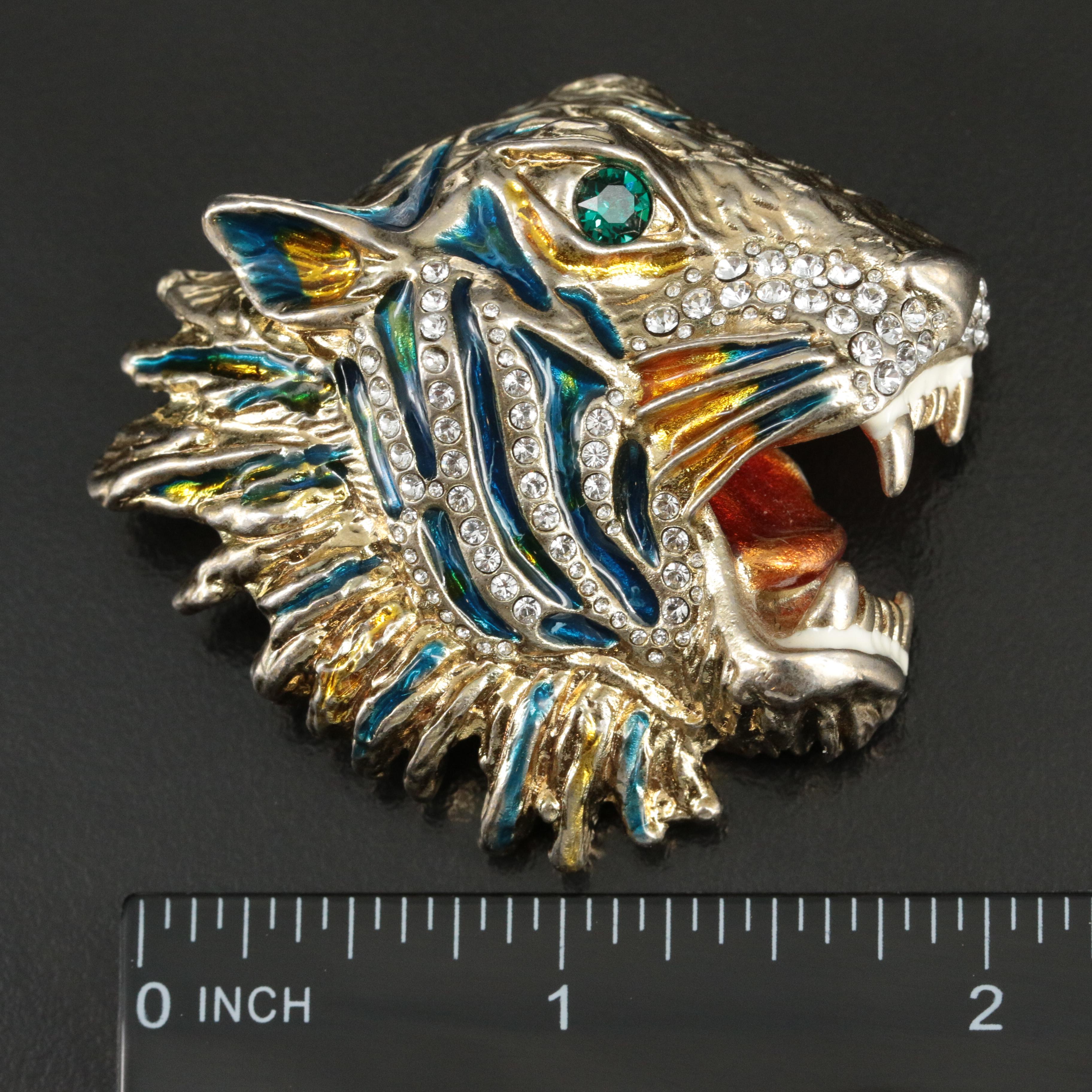 Gucci Rajah Tiger Head Brooch with Glass Crystal and Enamel