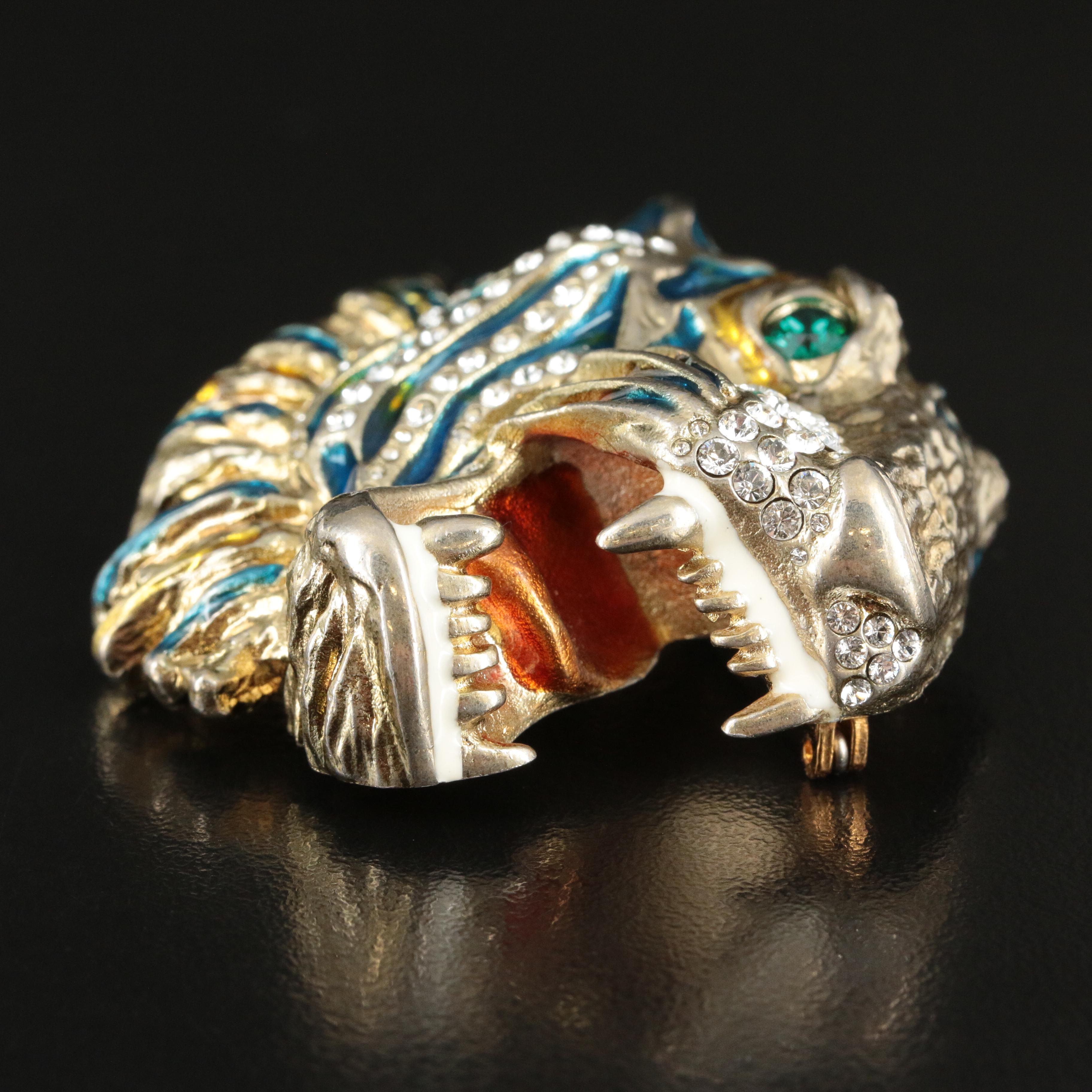 Gucci Rajah Tiger Head Brooch with Glass Crystal and Enamel