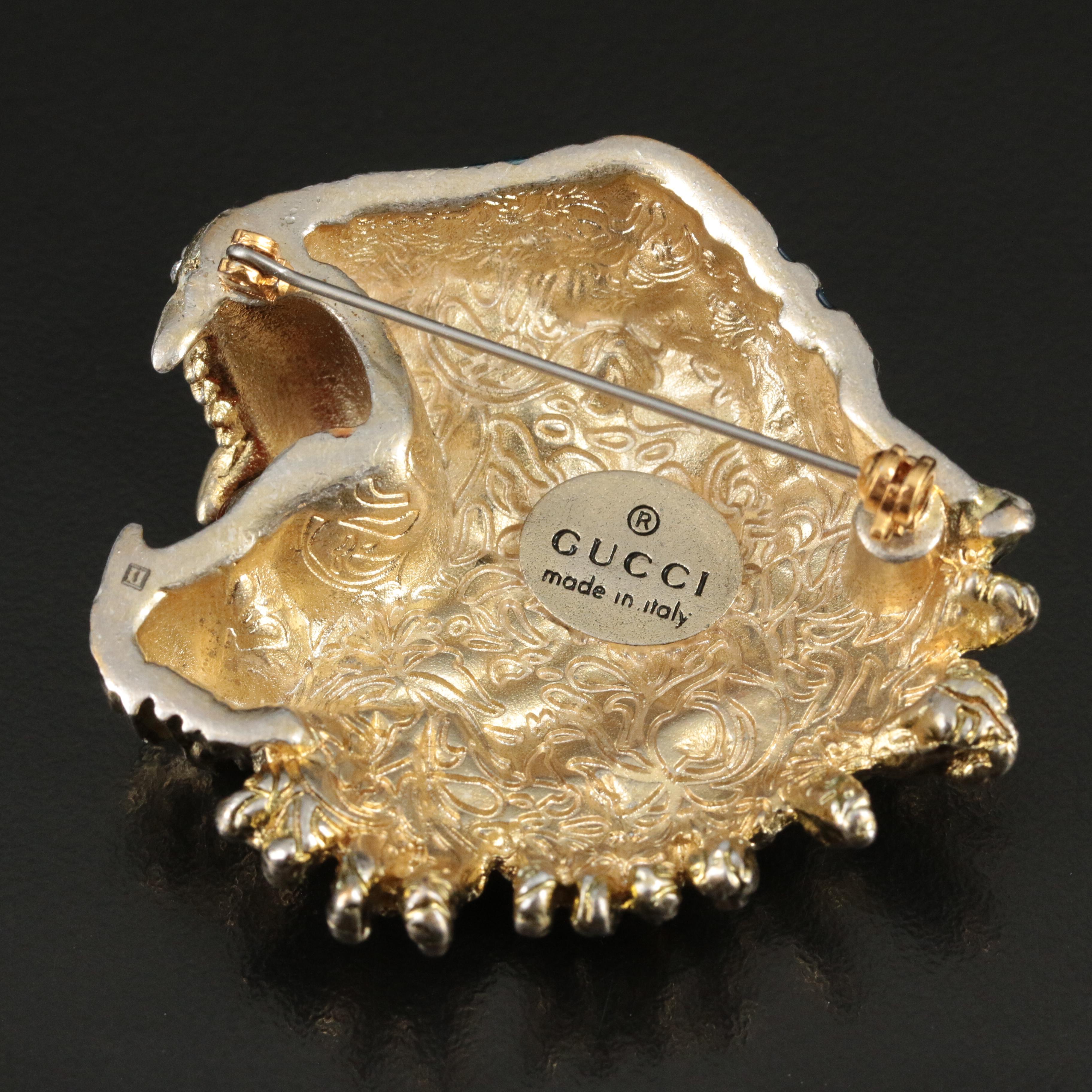 Gucci Rajah Tiger Head Brooch with Glass Crystal and Enamel