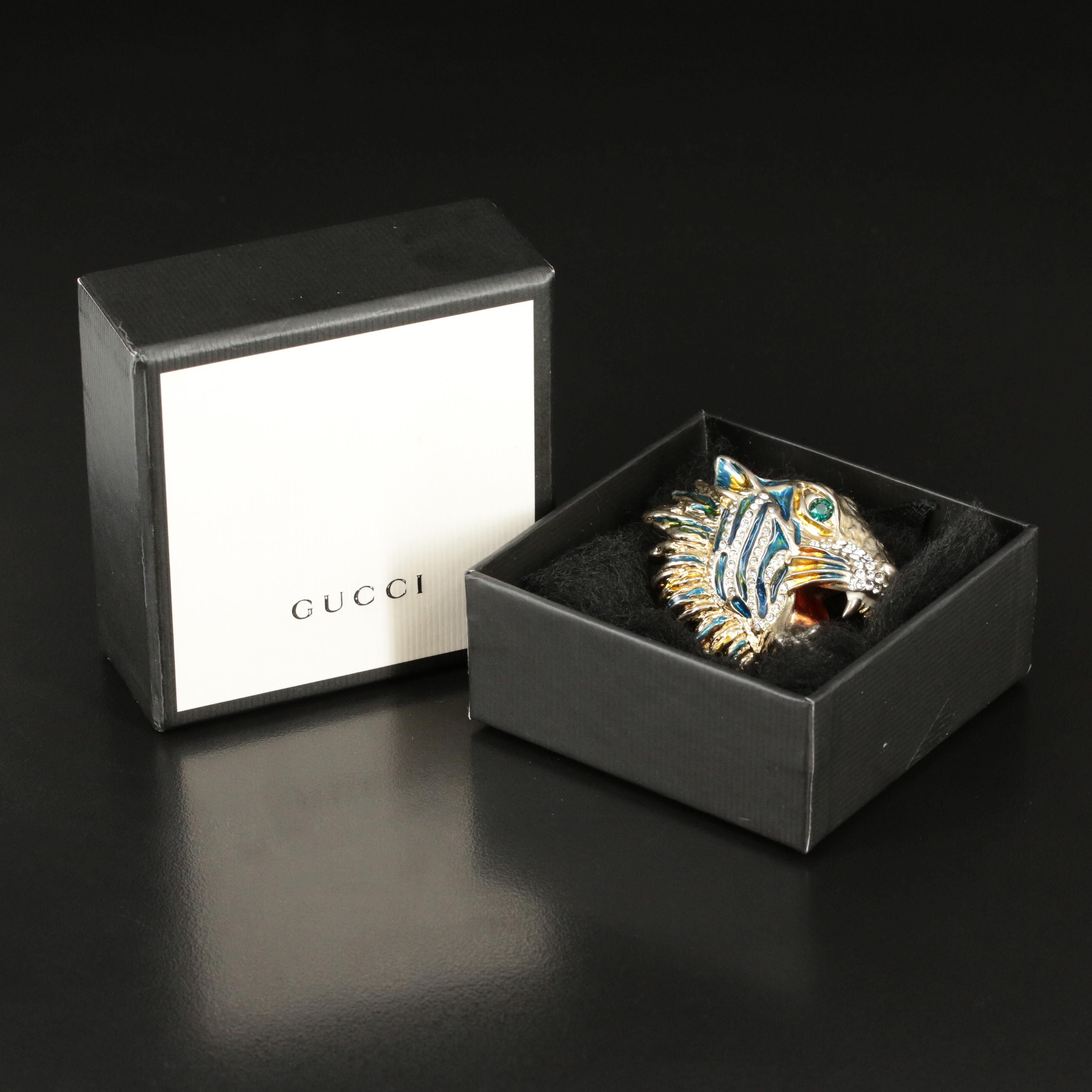 Gucci Rajah Tiger Head Brooch with Glass Crystal and Enamel