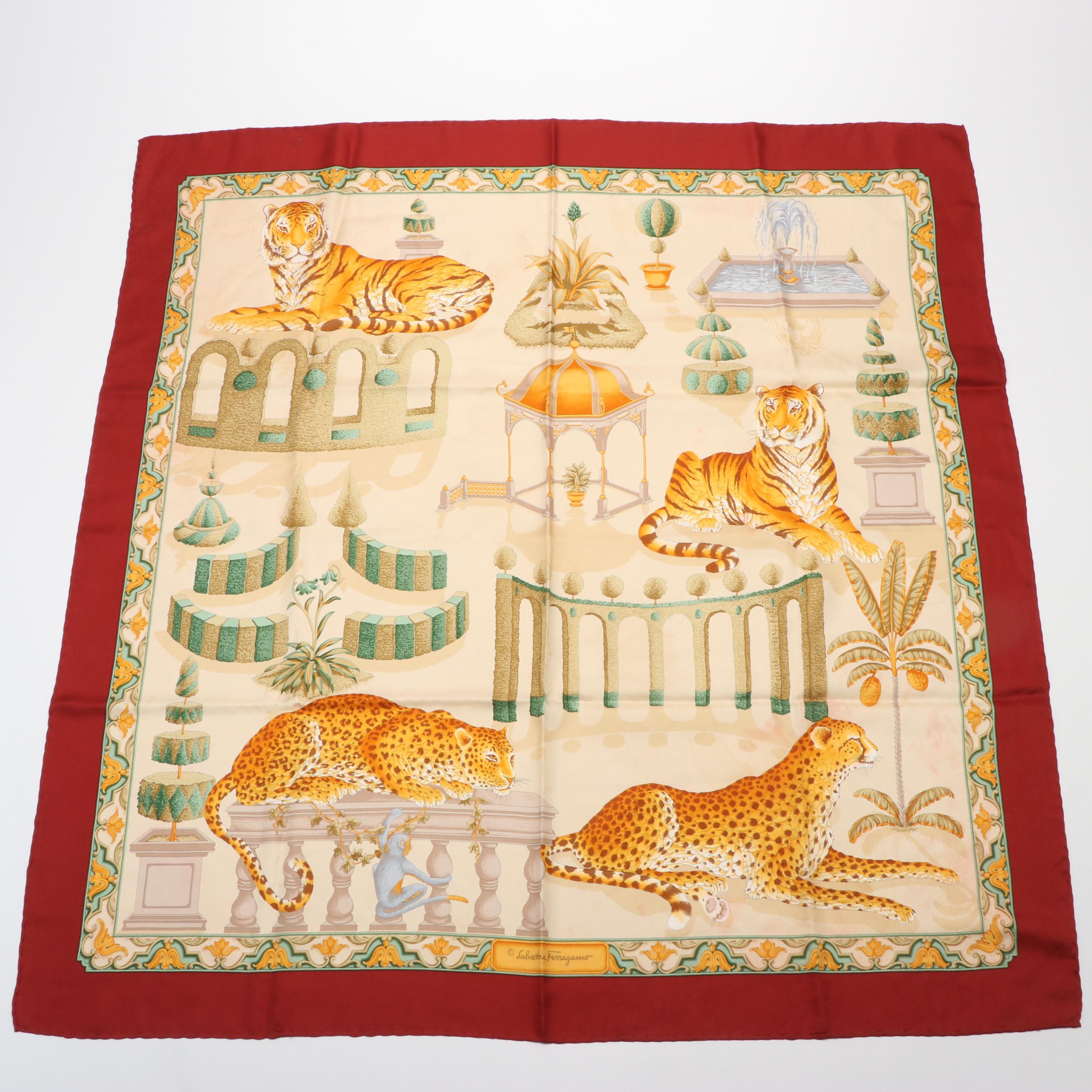 Salvatore Ferragamo Tigers and Leopards Animal Print Silk Scarf