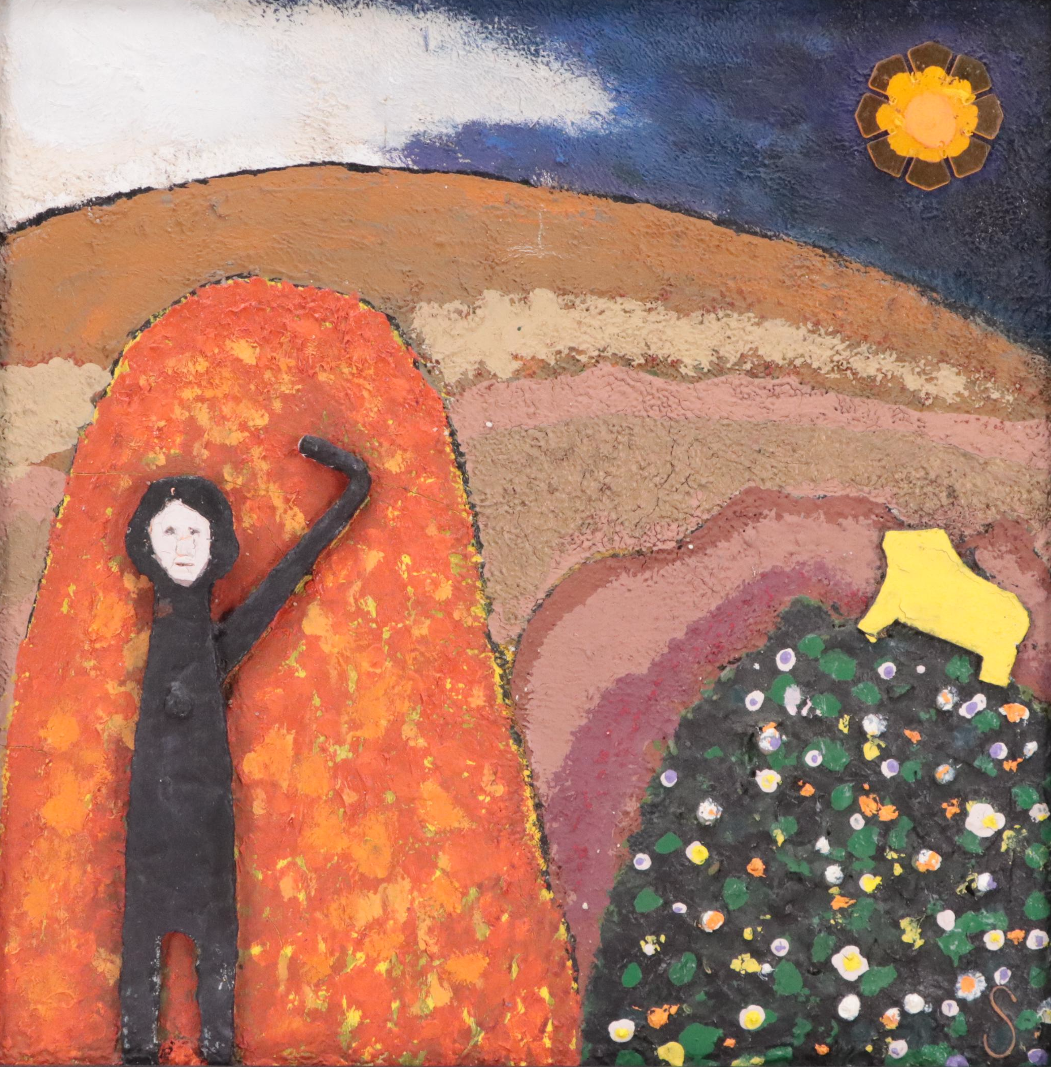 Abstract Mixed Media Assemblage of Figure in Landscape