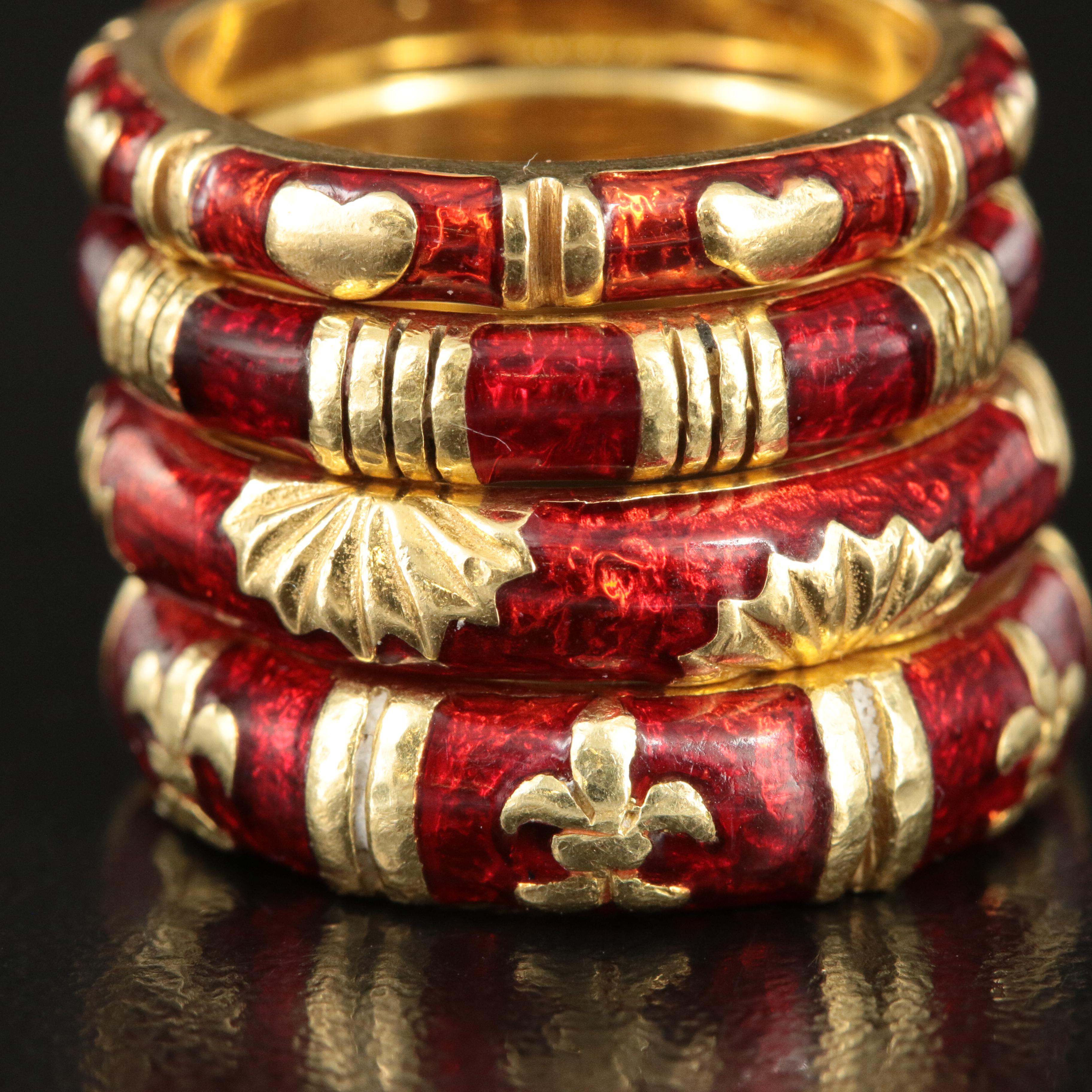 Hidalgo 18K Red Paillonnè Enamel Stackable Ring Set