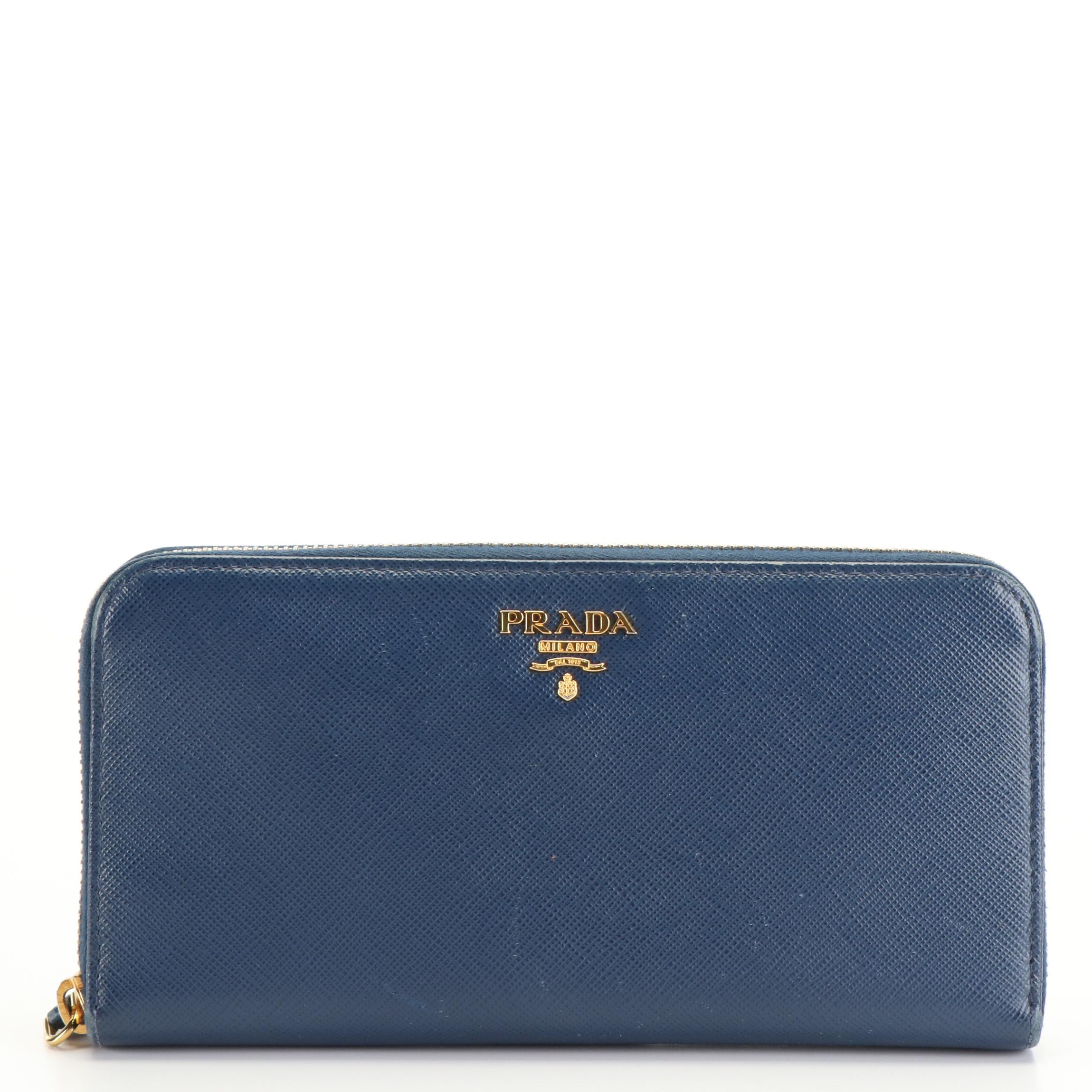 Prada Saffiano Blue Leather Zip Around Wallet