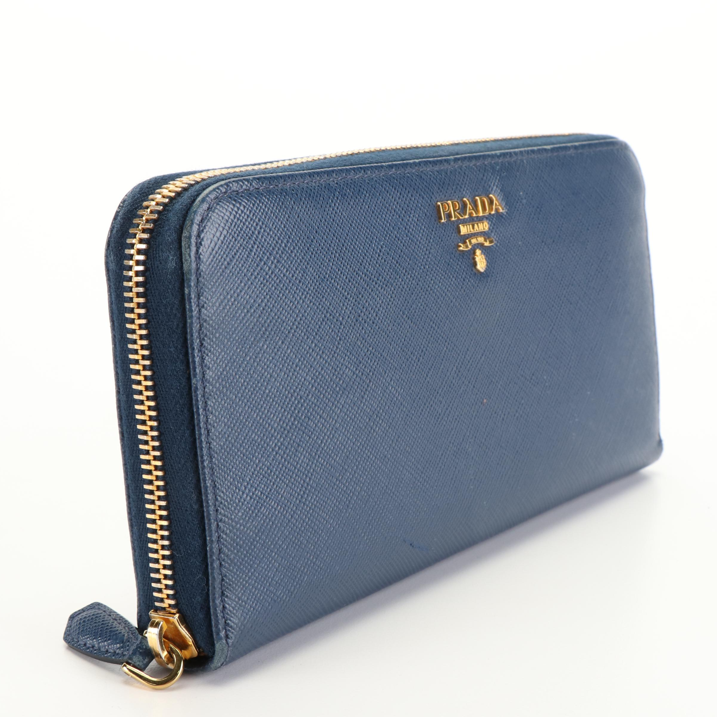 Prada Saffiano Blue Leather Zip Around Wallet