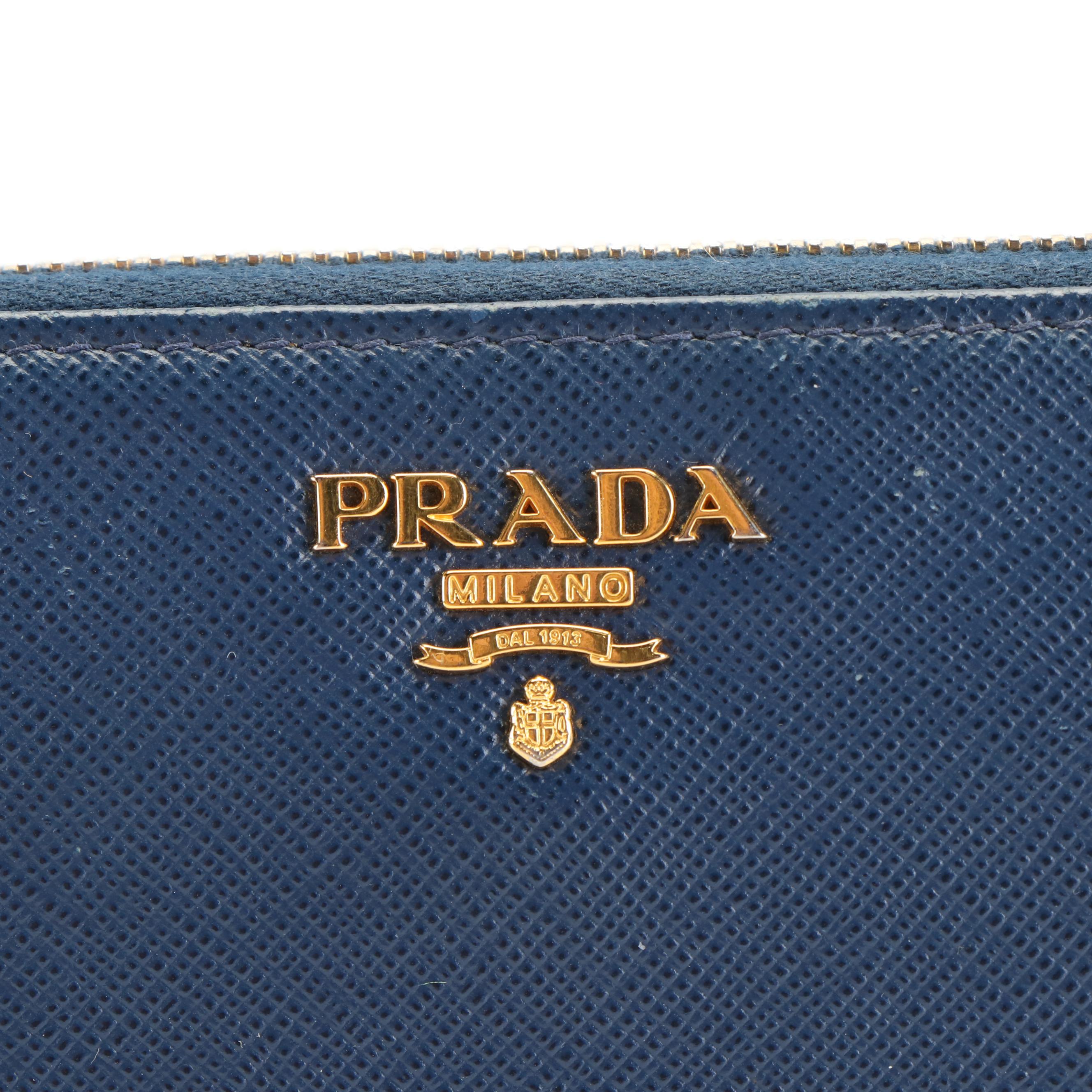 Prada Saffiano Blue Leather Zip Around Wallet