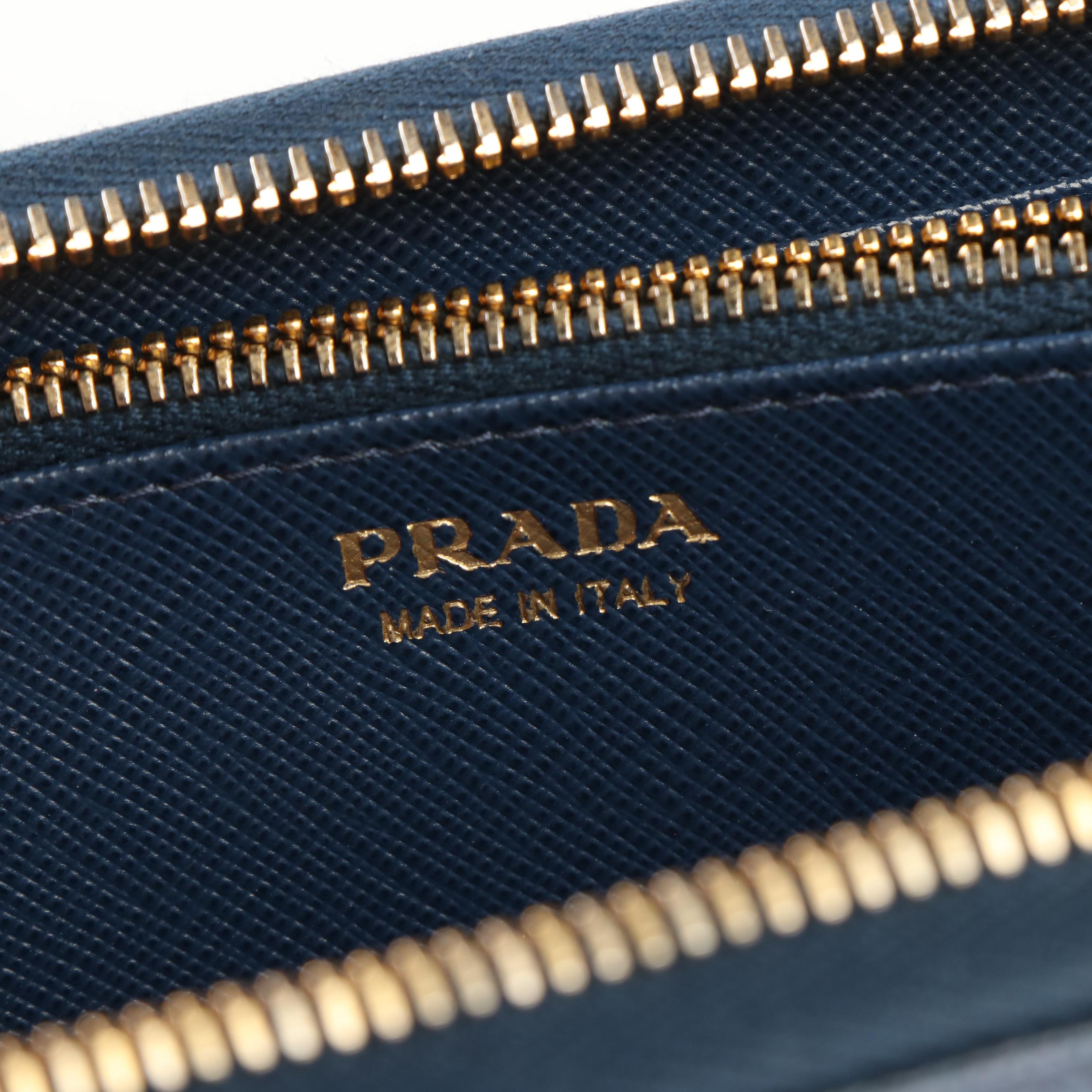 Prada Saffiano Blue Leather Zip Around Wallet
