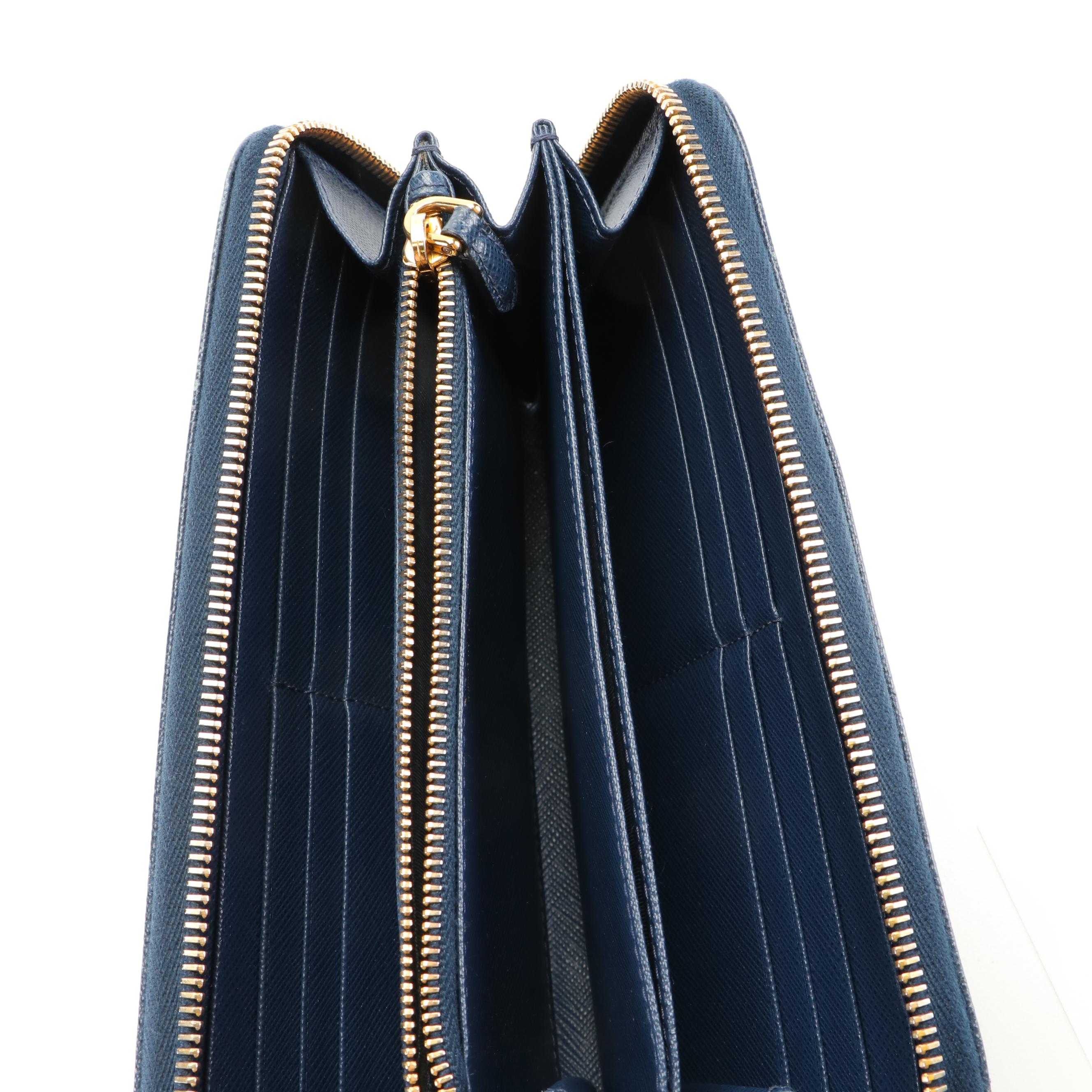 Prada Saffiano Blue Leather Zip Around Wallet