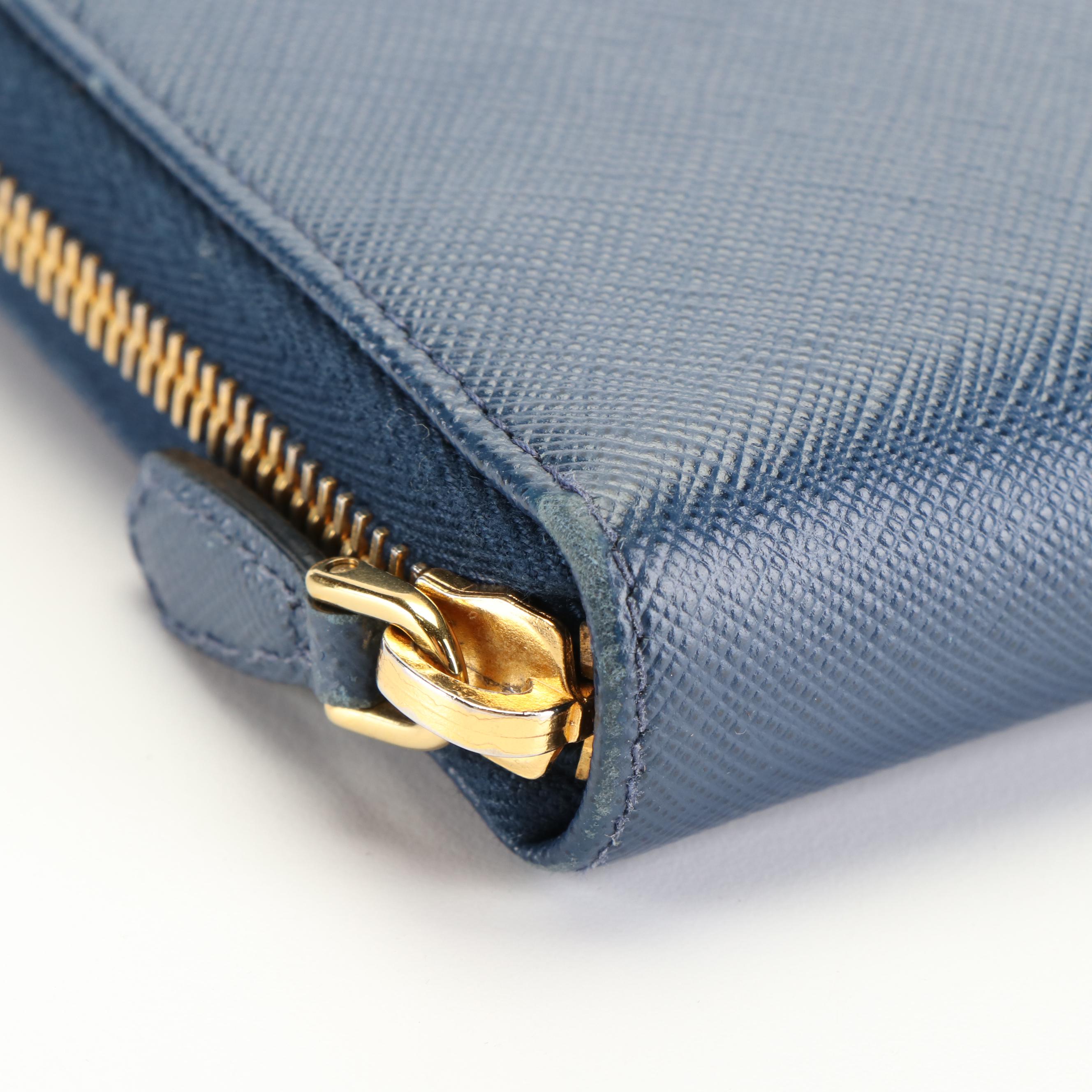 Prada Saffiano Blue Leather Zip Around Wallet