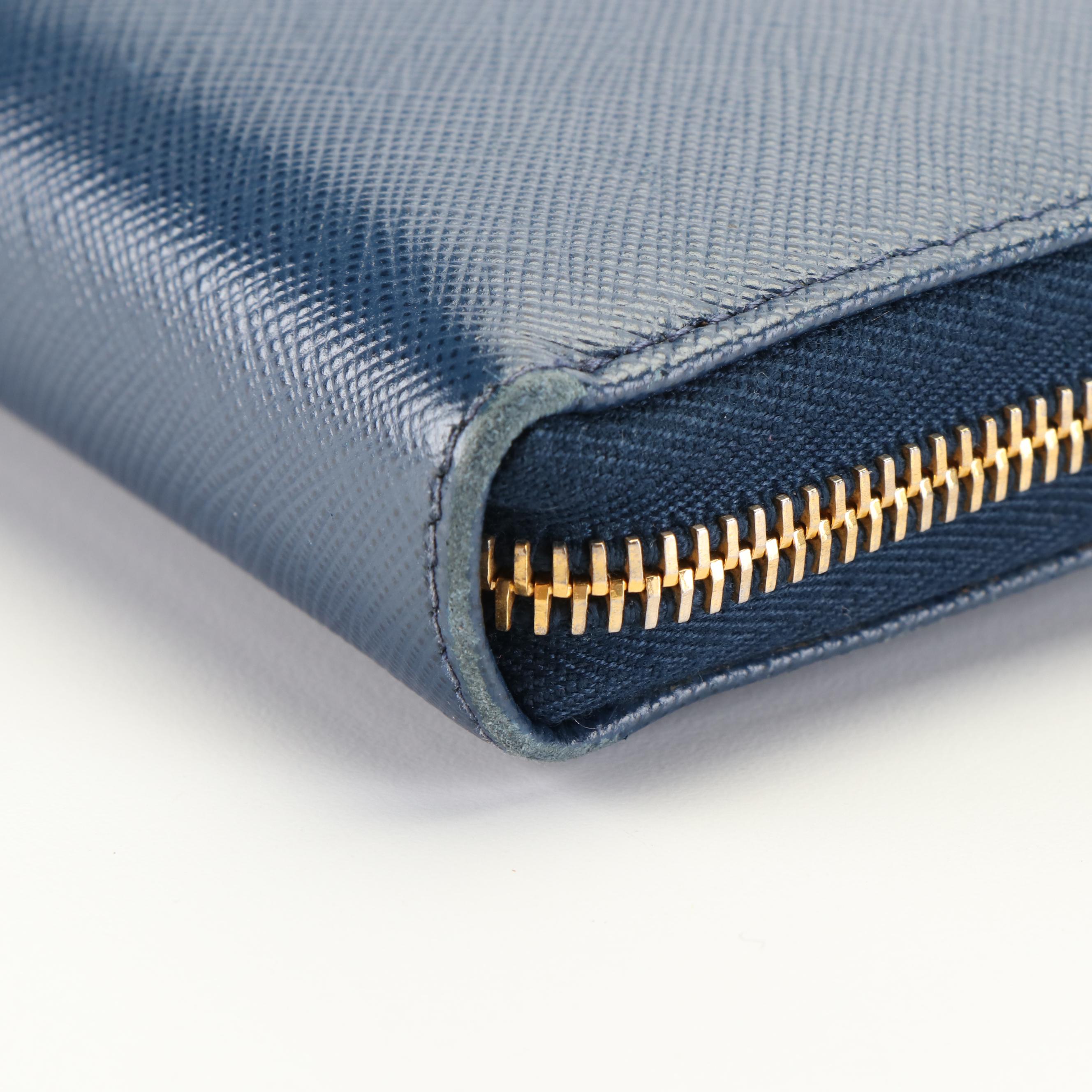 Prada Saffiano Blue Leather Zip Around Wallet