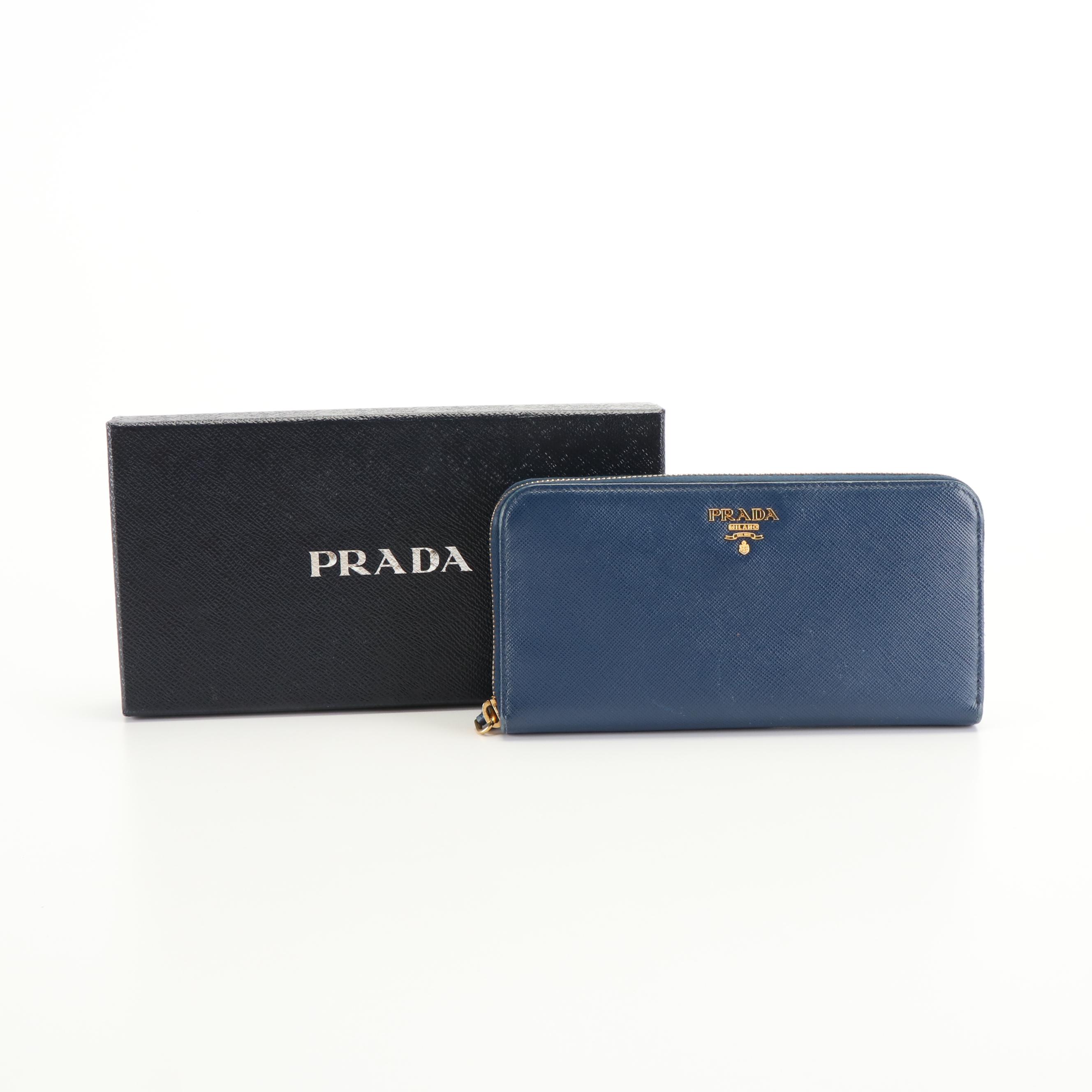Prada Saffiano Blue Leather Zip Around Wallet