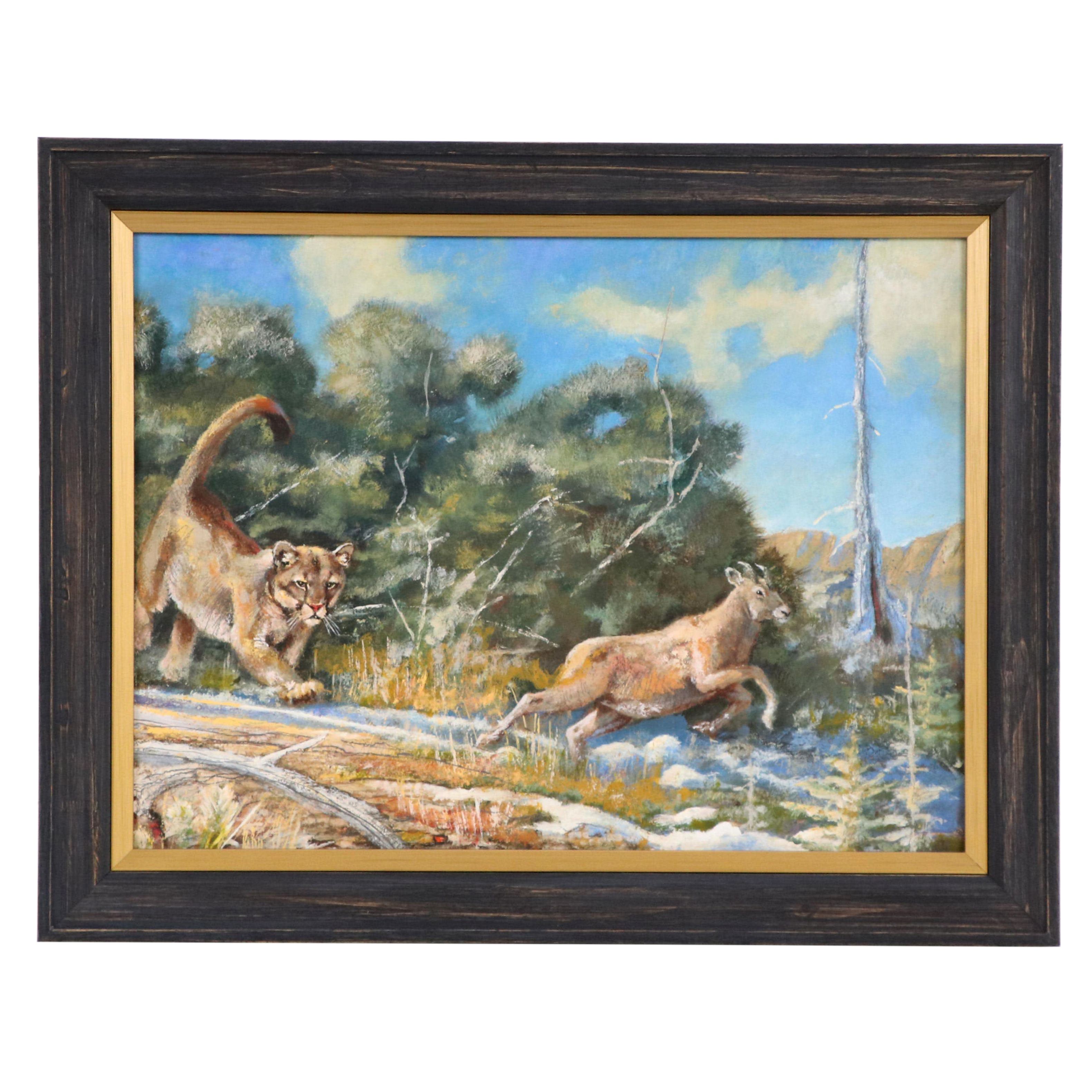 Bob Kuhn Wildlife Oil Painting of Mountain Lion Chasing Sheep, 1979