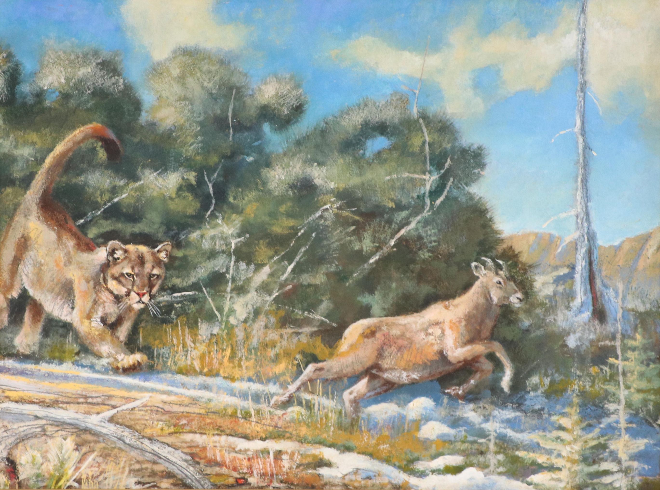 Bob Kuhn Wildlife Oil Painting of Mountain Lion Chasing Sheep, 1979