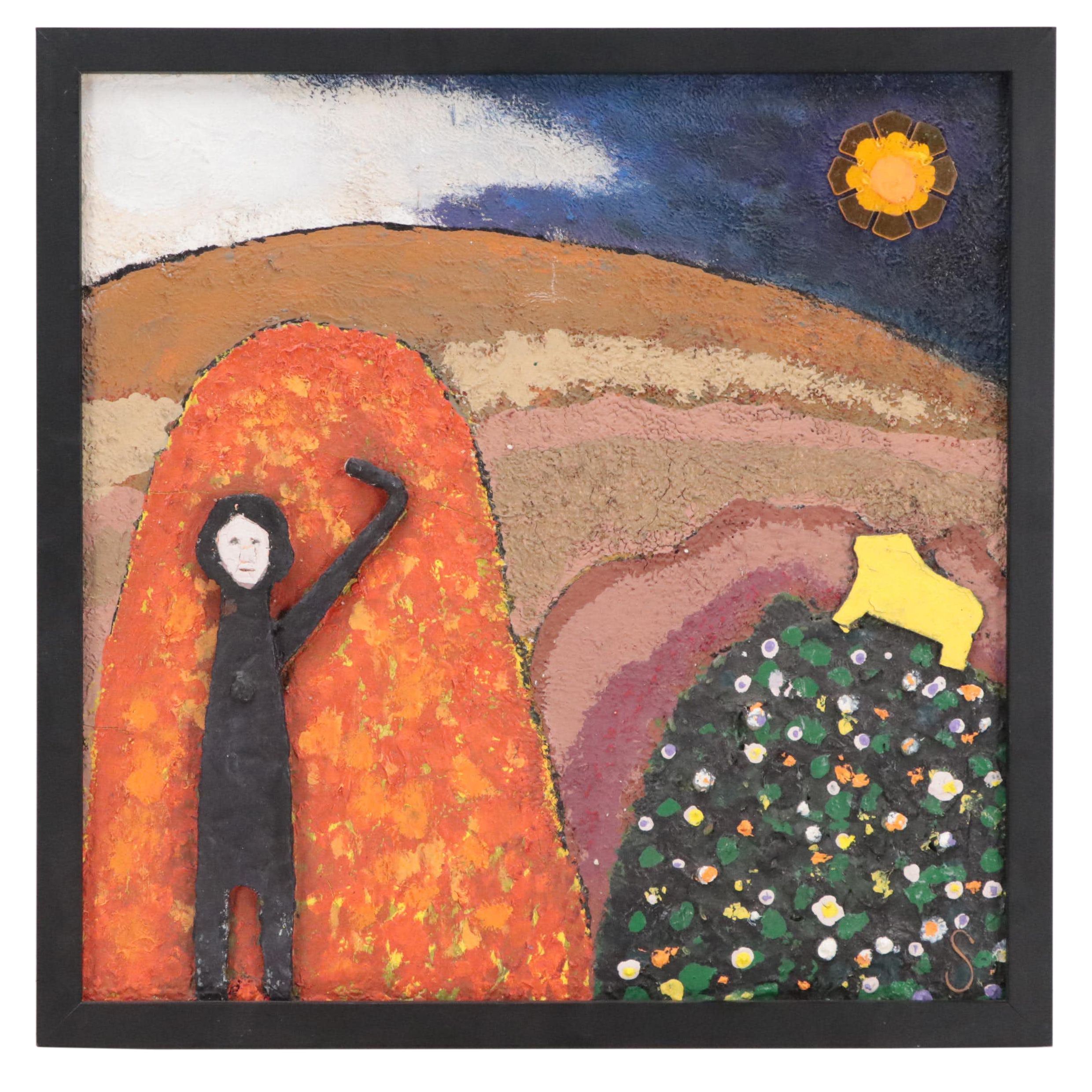 Abstract Mixed Media Assemblage of Figure in Landscape