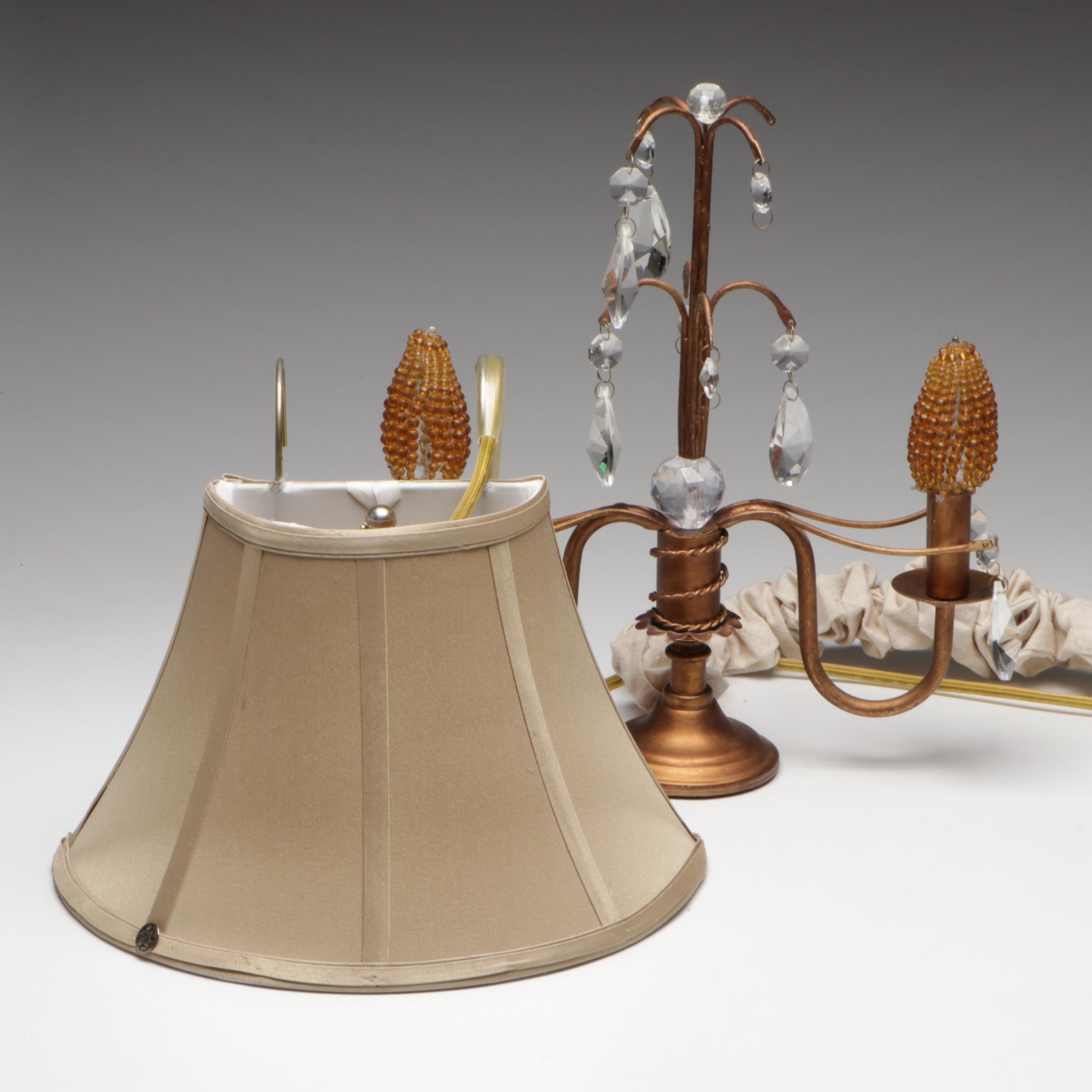 Copper Finish Metal Mantel Lamp & Beaded Lightbulbs, Half-Round Wall Shade