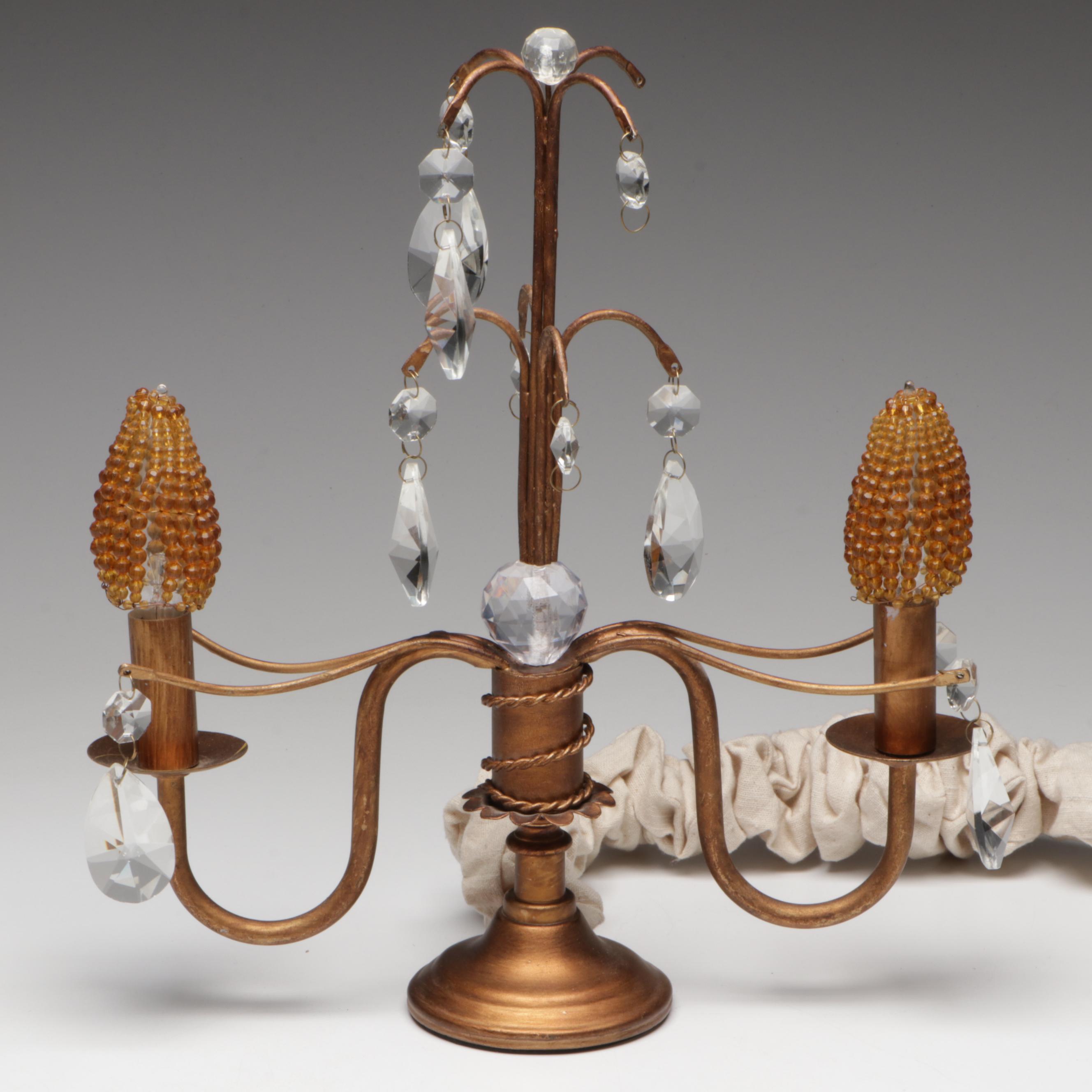 Copper Finish Metal Mantel Lamp & Beaded Lightbulbs, Half-Round Wall Shade