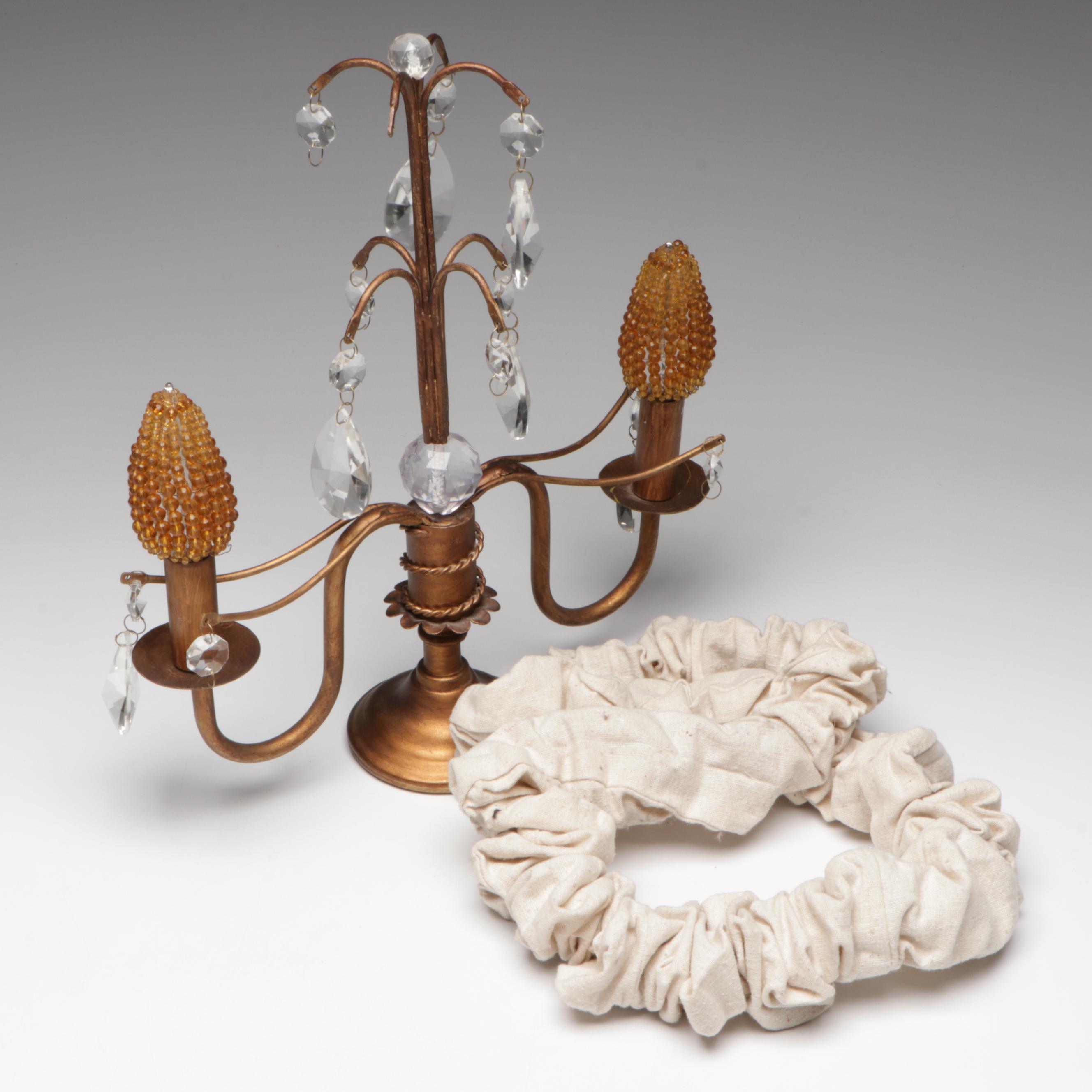 Copper Finish Metal Mantel Lamp & Beaded Lightbulbs, Half-Round Wall Shade