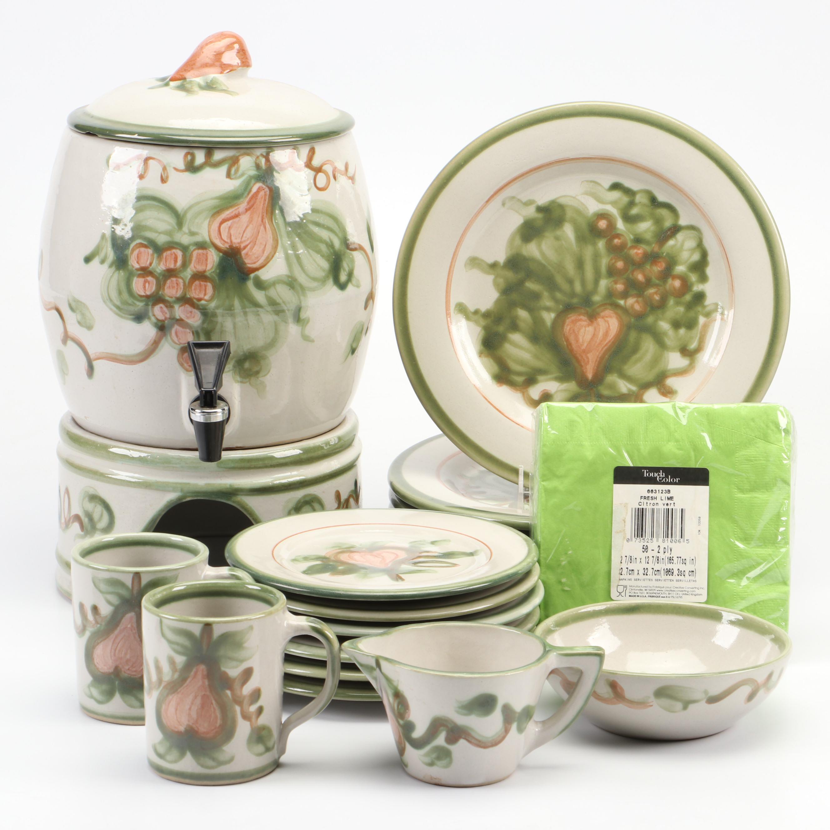 Louisville Stoneware "Pear" Ceramic Beverage Dispenser and Dinnerware