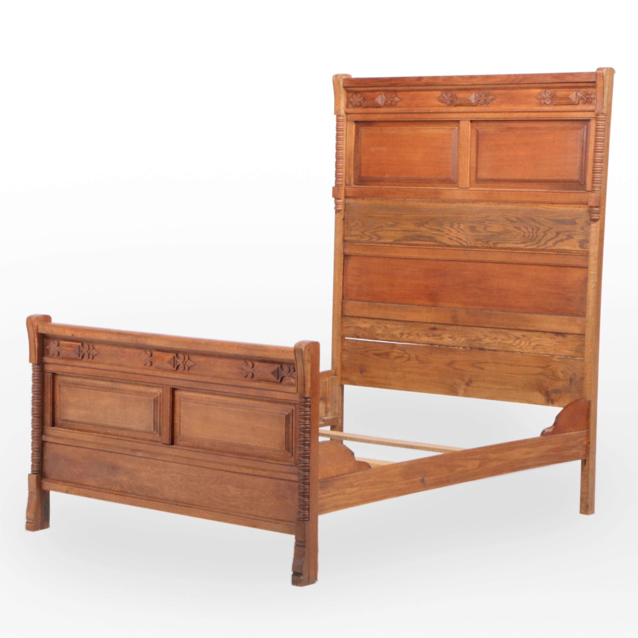 Victorian Carved Oak Full Size Bed Frame, Late 19th Century