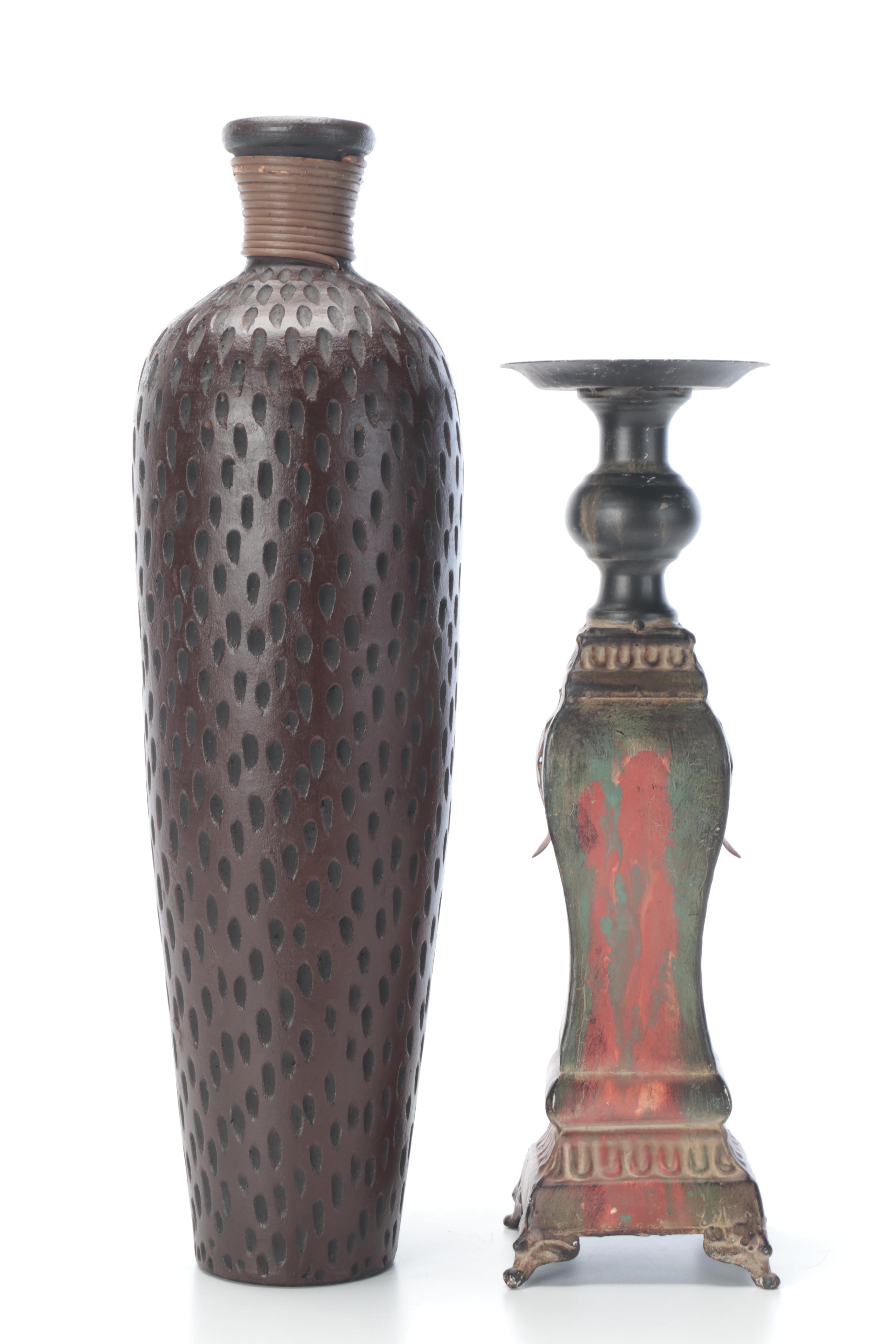 Metal Candle Pillar with Vases and Other Decor