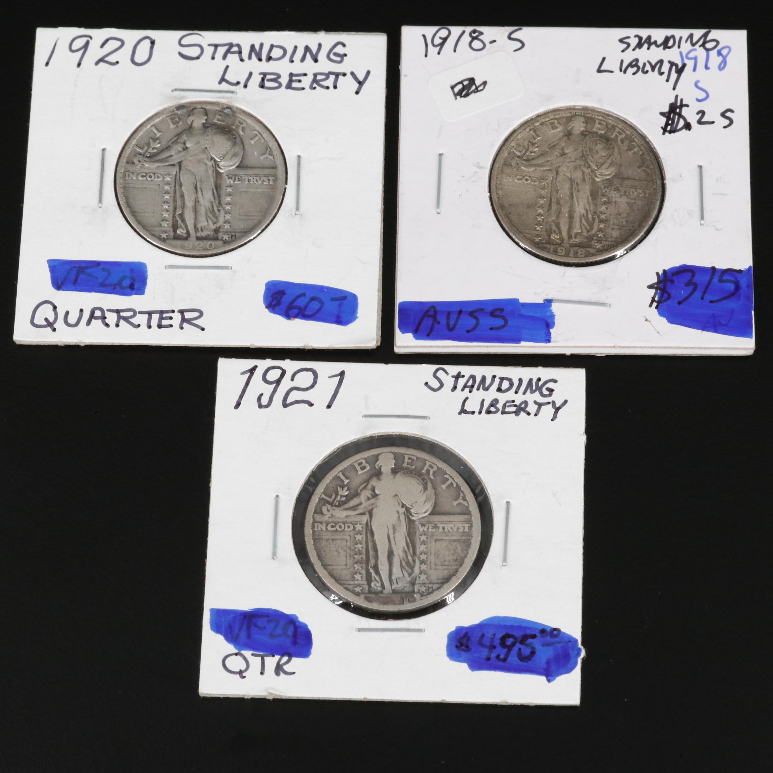 Three Different Standing Liberty Quarter Dollars 1918-S, 1920, and