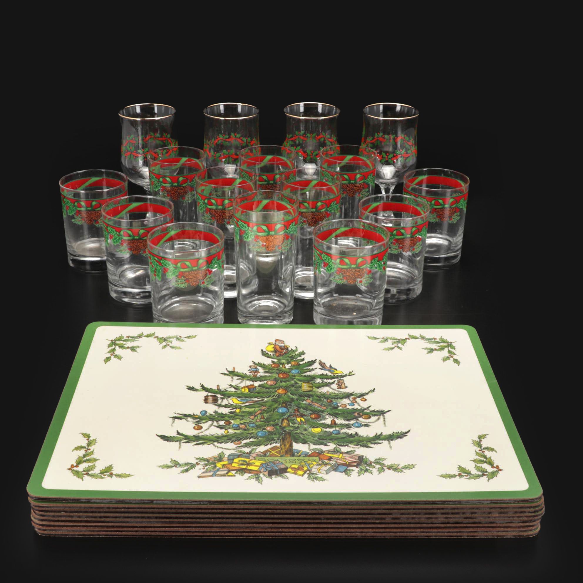Spode "Christmas Tree" Placemats, Libbey "Holly & Ribbon" Water Goblets & More