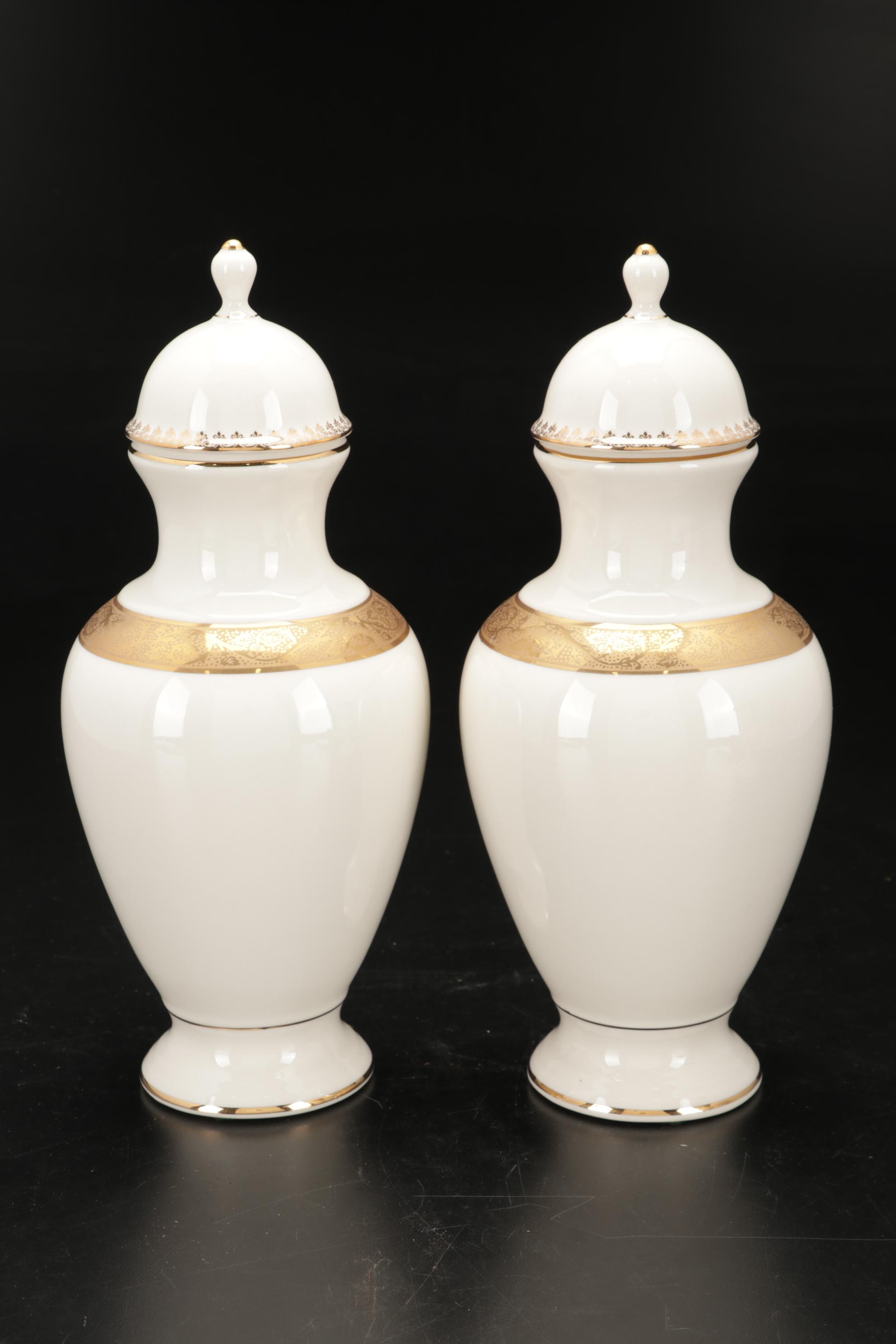 Chinoiserie Jars and Vase In Classic Ivory & Gold, Made For Ethan Allen