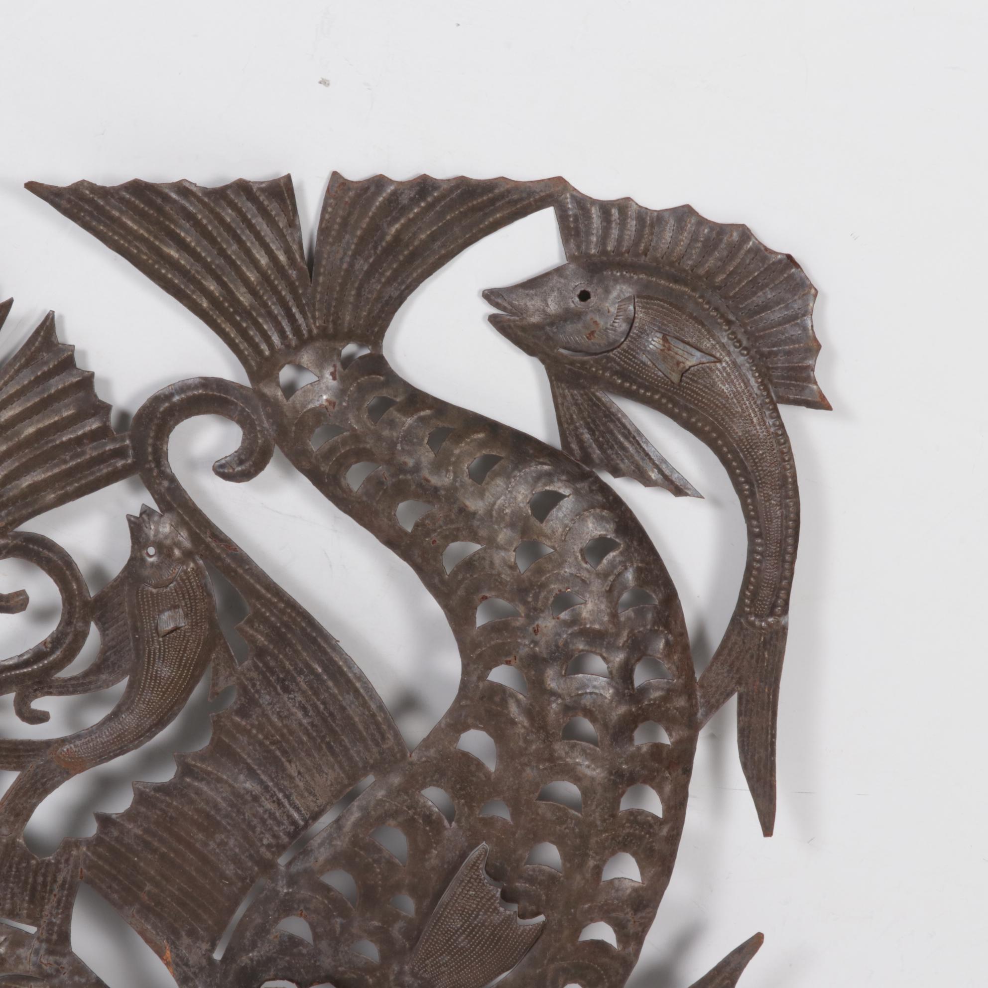 Julio Balan Haitian Metal Relief Sculpture of Swimming Fish