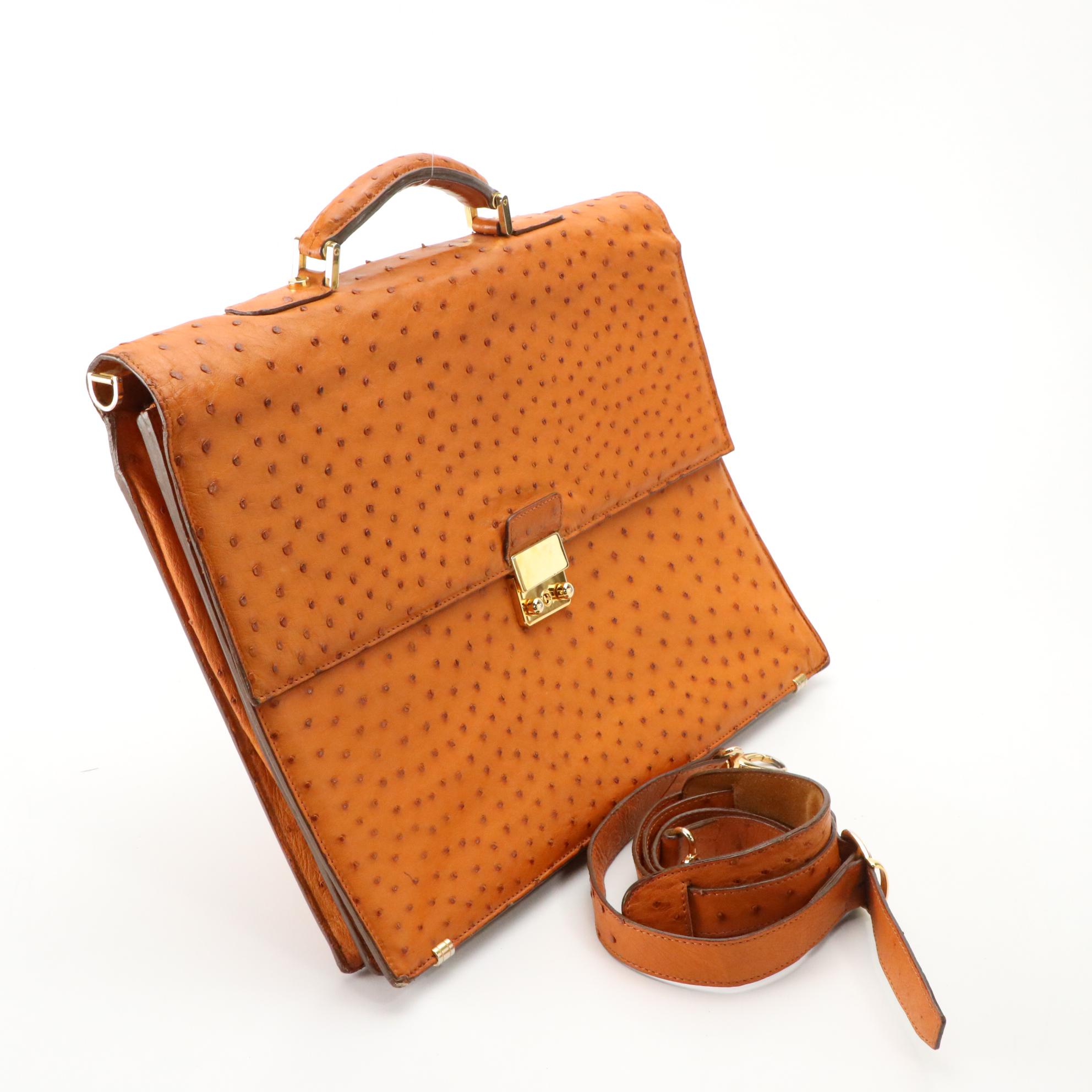 Scully & Scully Cognac Ostrich Skin Leather Two-Compartment Briefcase