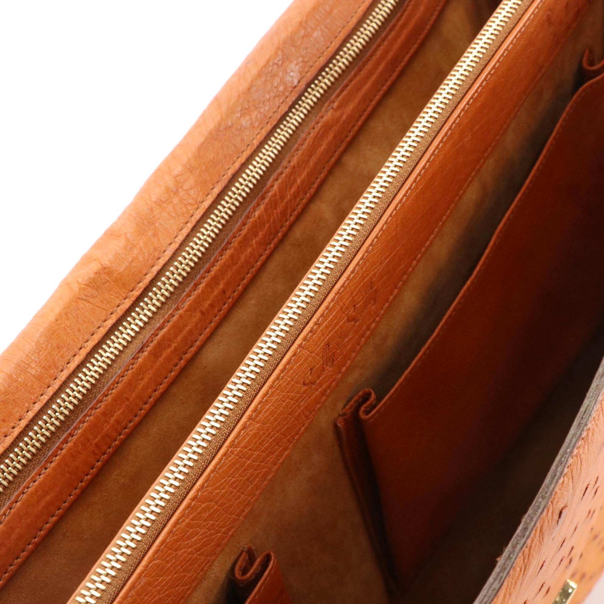 Scully & Scully Cognac Ostrich Skin Leather Two-Compartment Briefcase