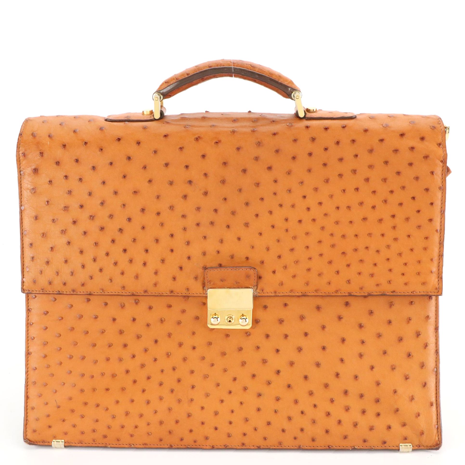 Scully & Scully Cognac Ostrich Skin Leather Two-Compartment Briefcase