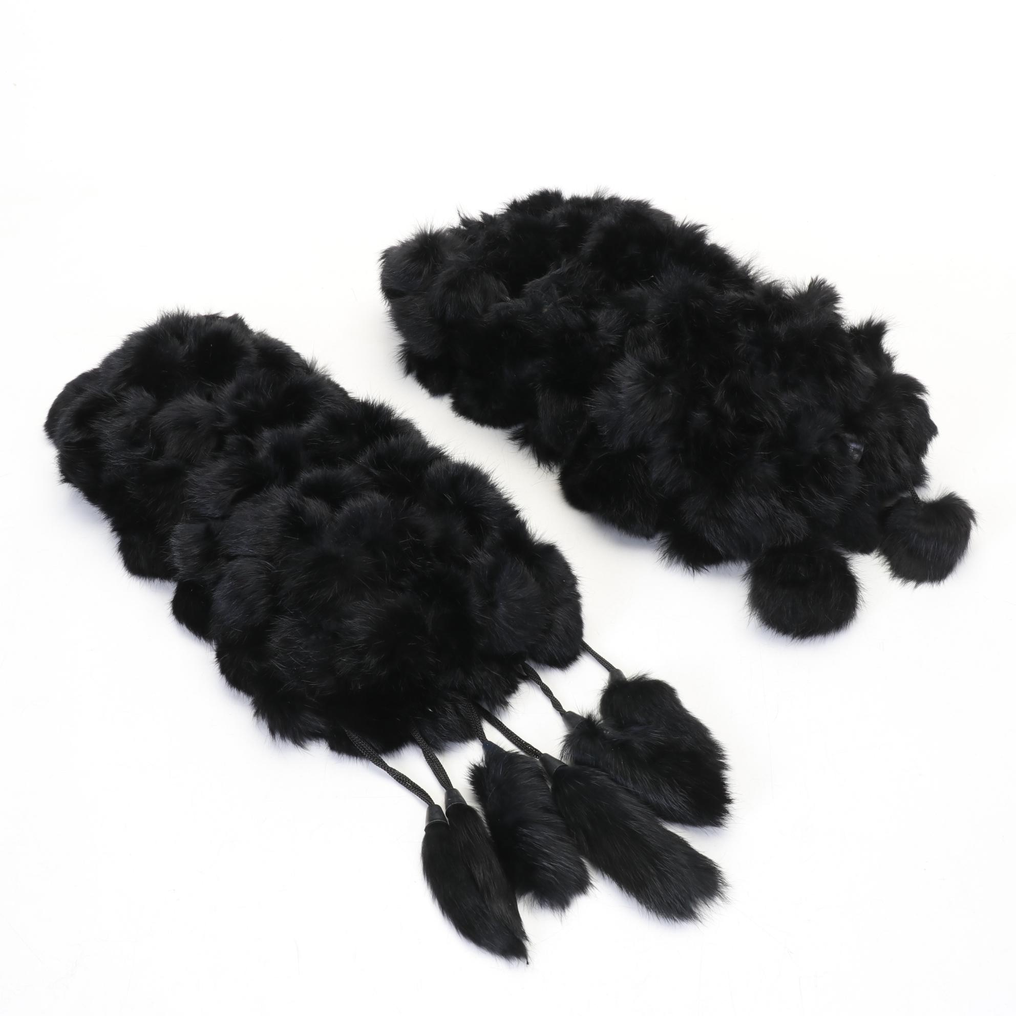 Ebony Rabbit Fur Pom-Pom Scarves