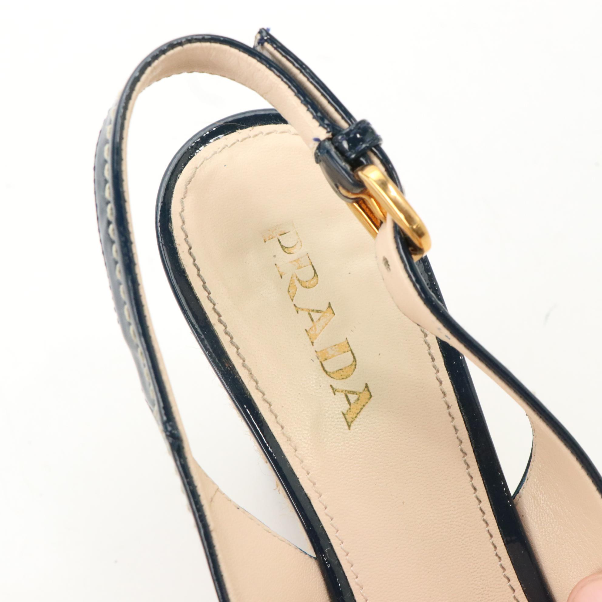 Prada Patent Leather Open-Toe Espadrille Wedge Slingbacks with Contrast Stitch