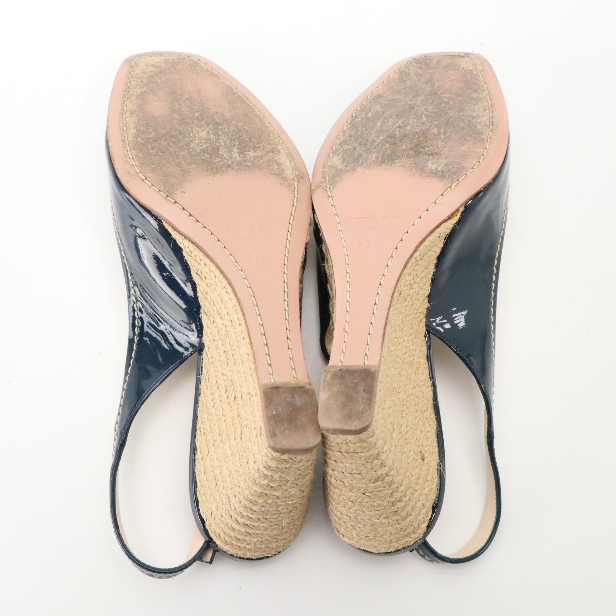 Prada Patent Leather Open-Toe Espadrille Wedge Slingbacks with Contrast Stitch