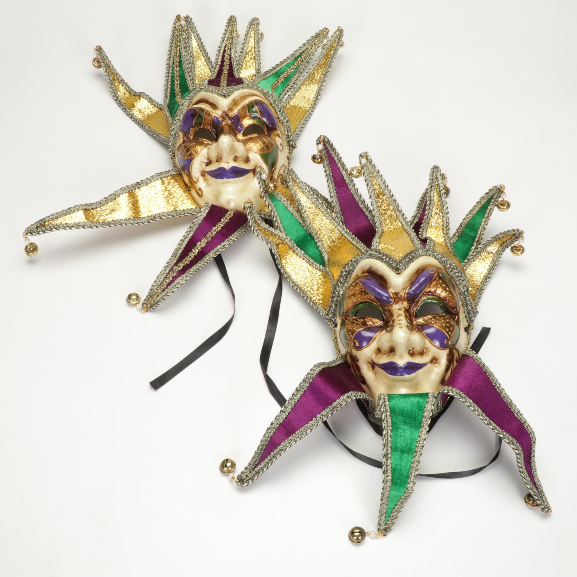 Venetian Carnival Jester Masks In Coordinating Green, Purple and Gold