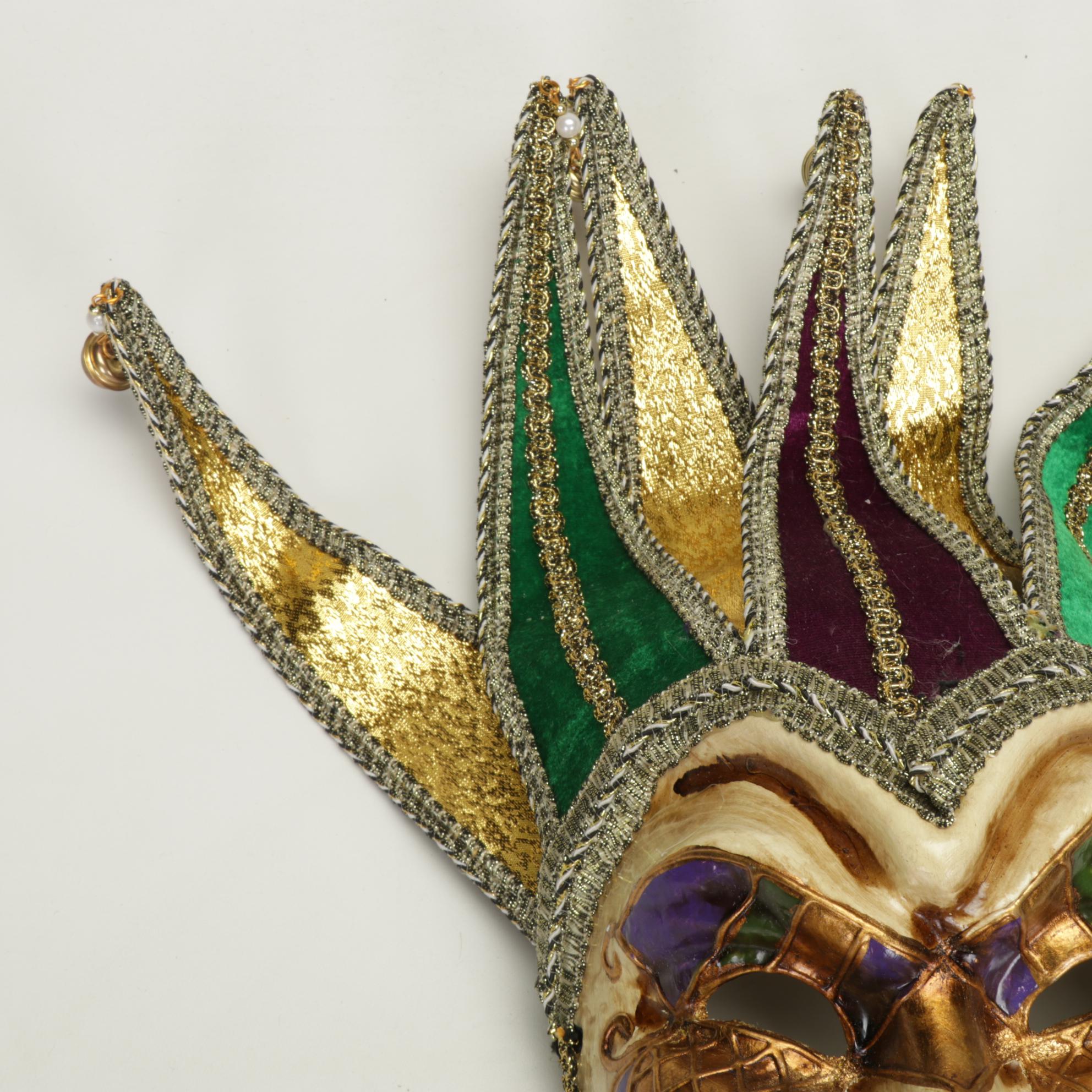 Venetian Carnival Jester Masks In Coordinating Green, Purple and Gold