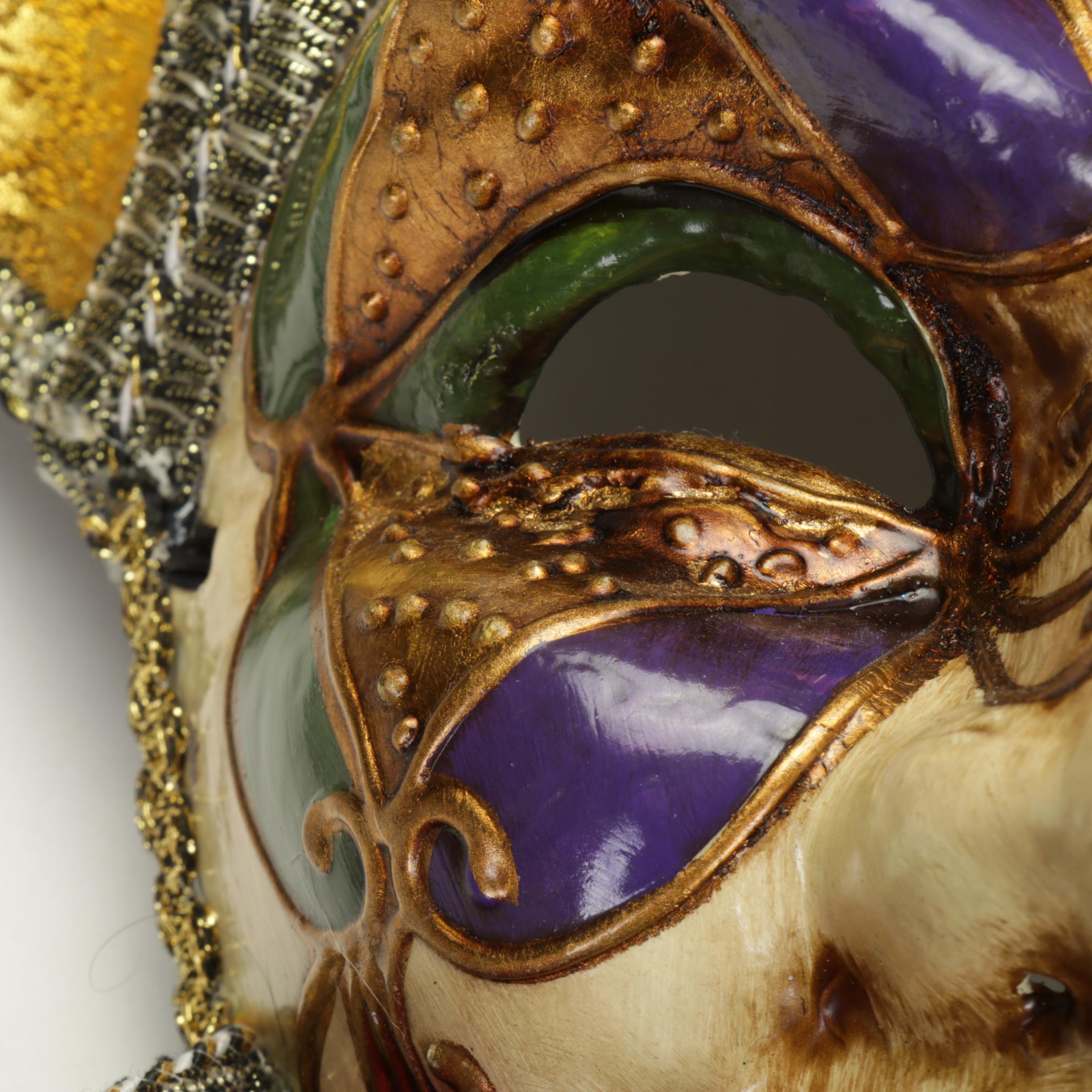Venetian Carnival Jester Masks In Coordinating Green, Purple and Gold