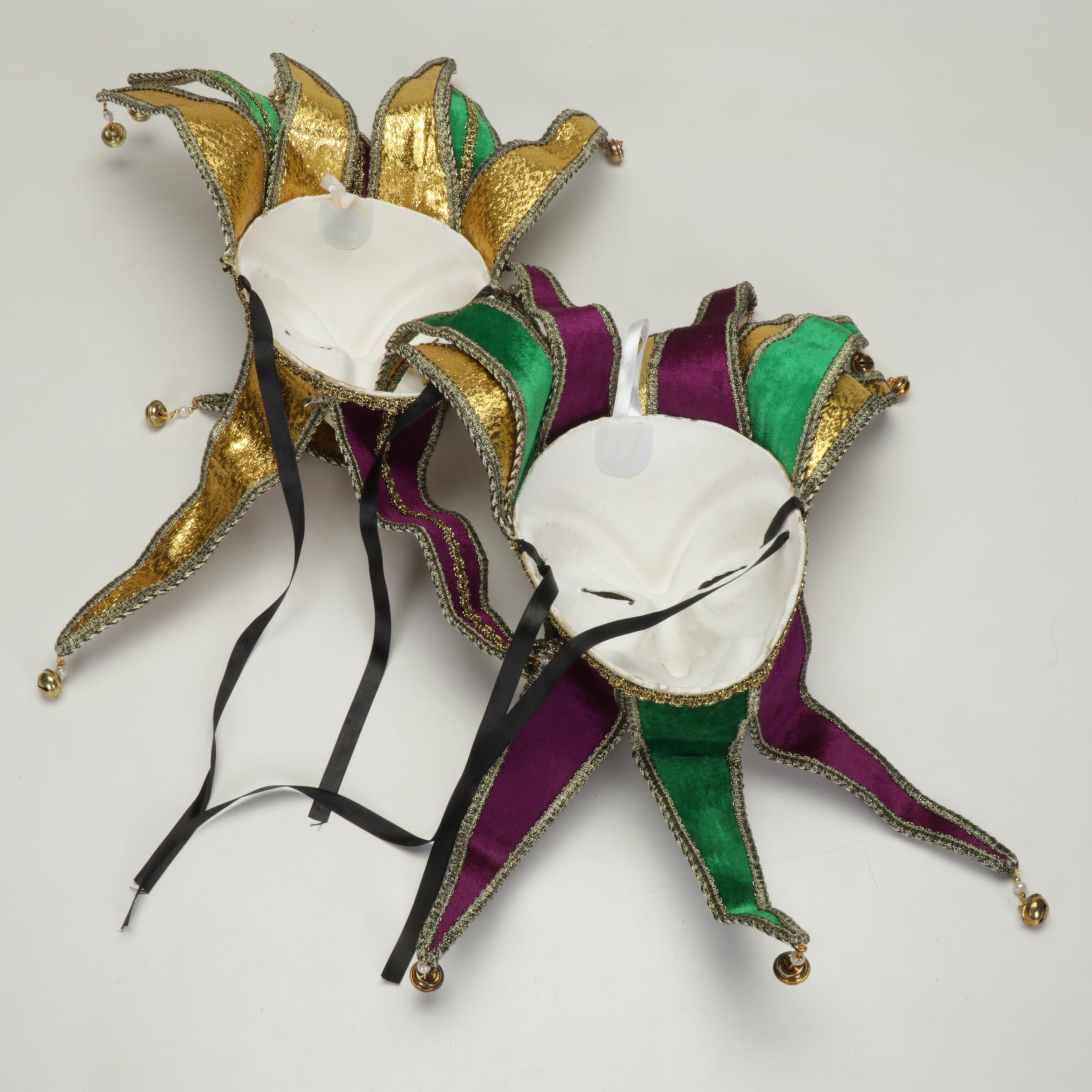 Venetian Carnival Jester Masks In Coordinating Green, Purple and Gold