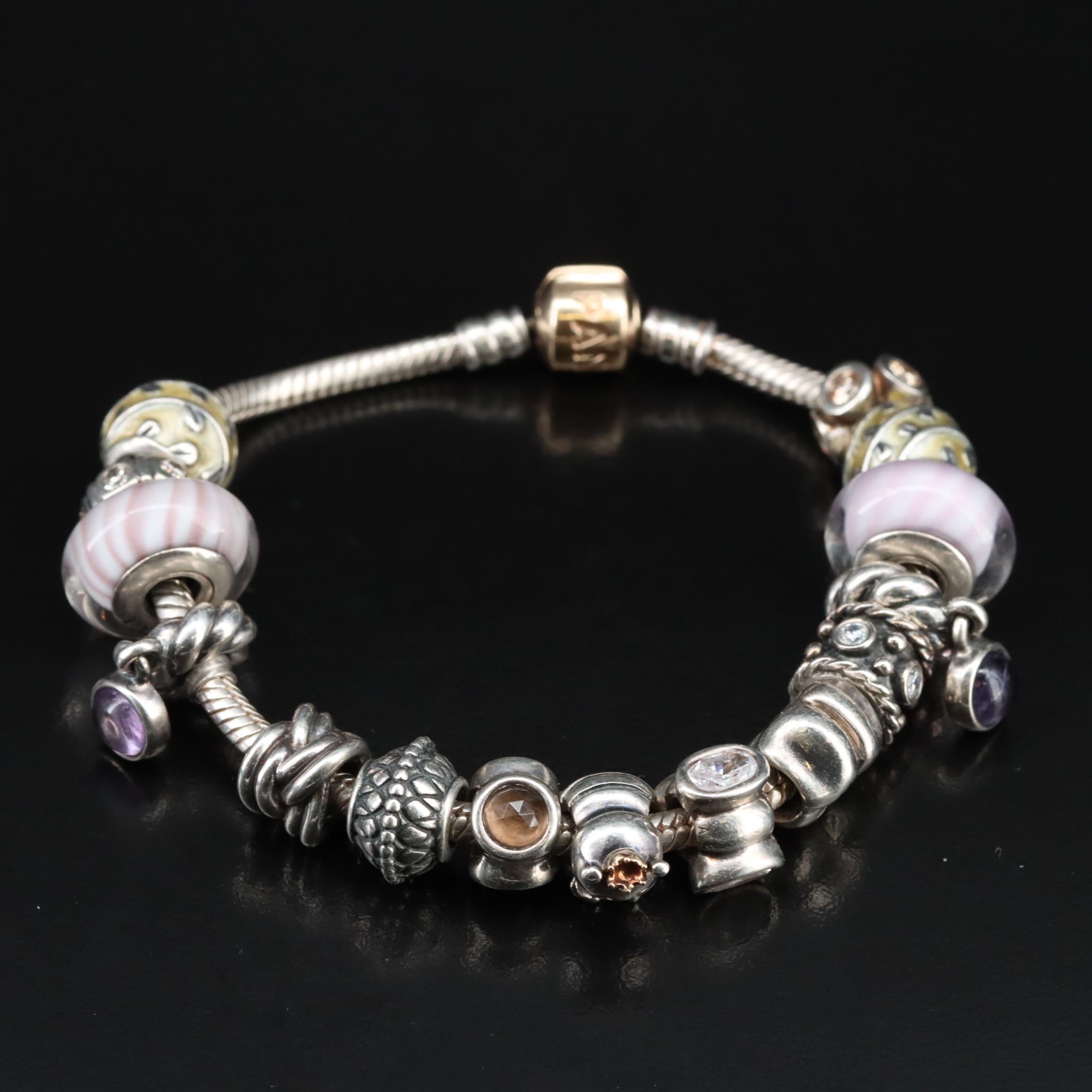 Pandora Sterling Charm Bracelet with 14K Clasp Including Smoky Quartz, Amethyst