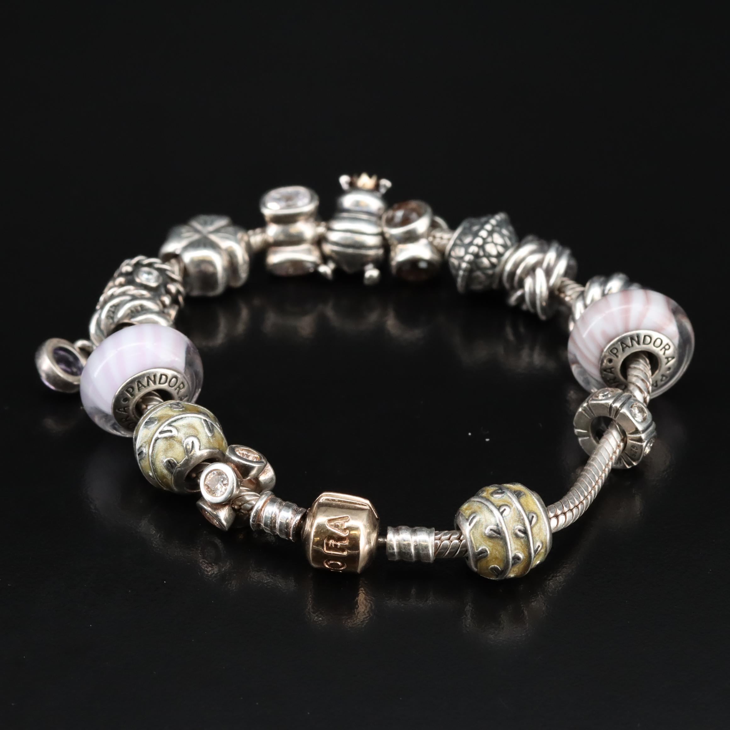 Pandora Sterling Charm Bracelet with 14K Clasp Including Smoky Quartz, Amethyst