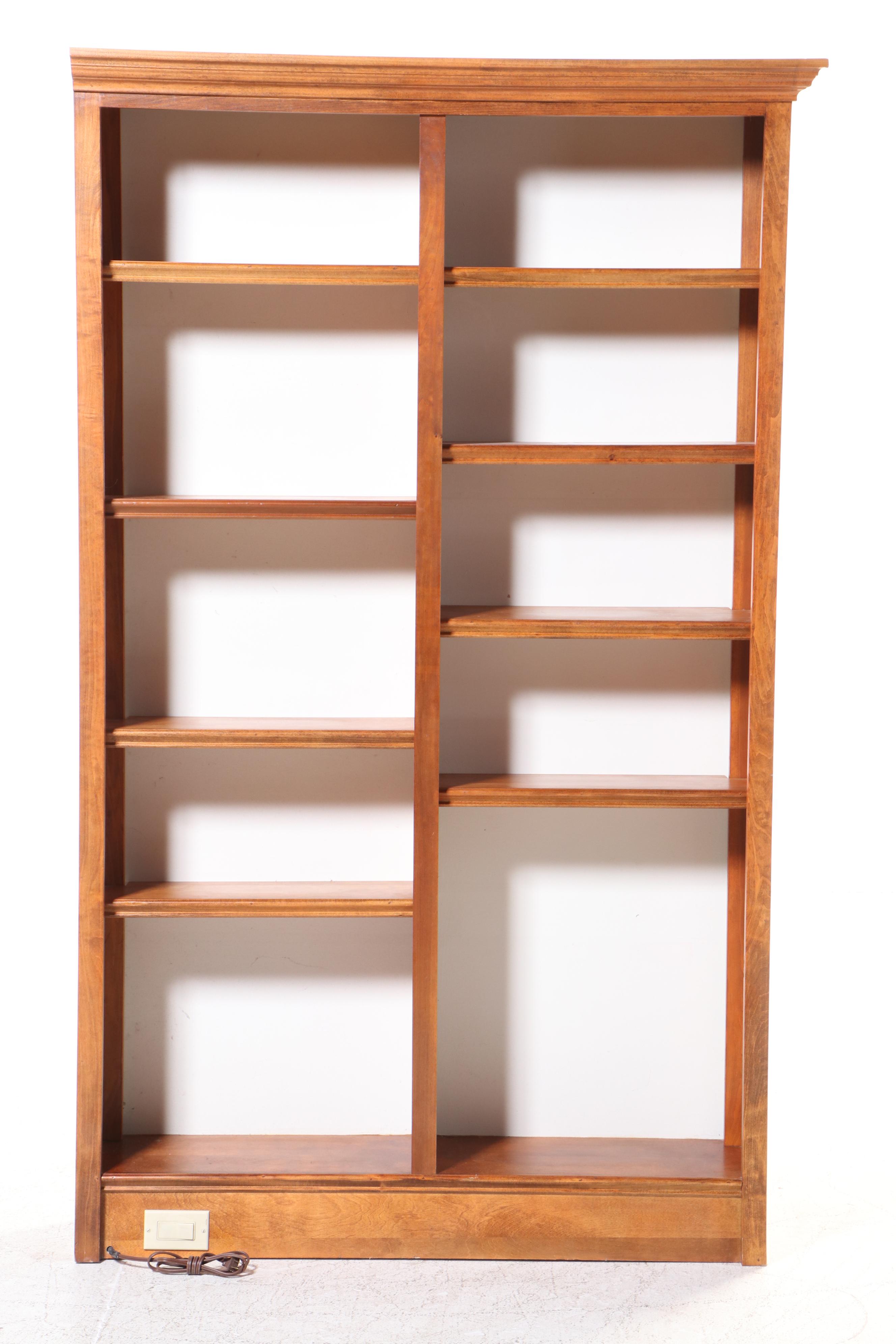 Cherry Wood Bookcase with Adjustable Shelves and Built-In Power Strips